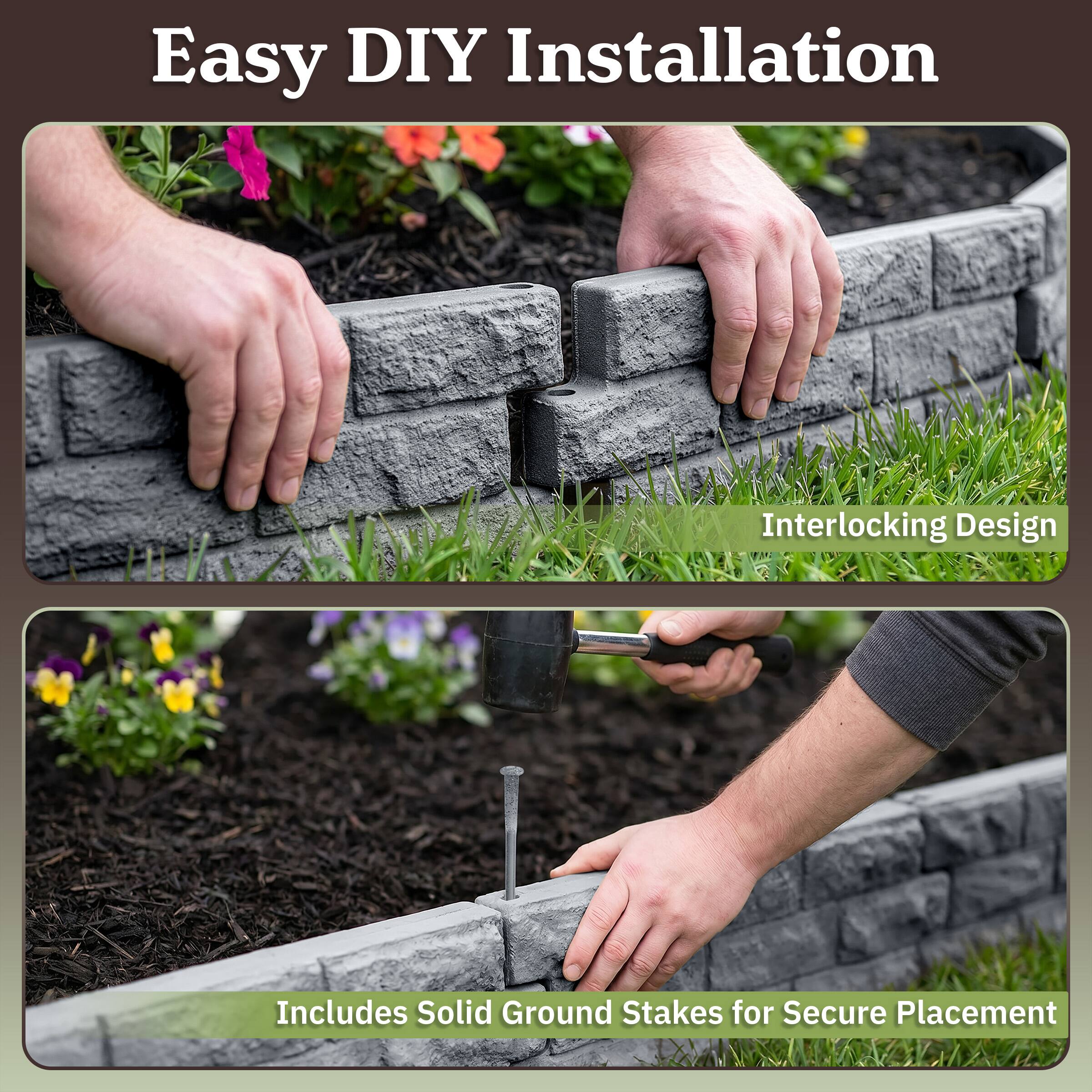 Easy DIY Installation  
Interlocking Design  
Includes Solid Ground Stakes for Secure Placement