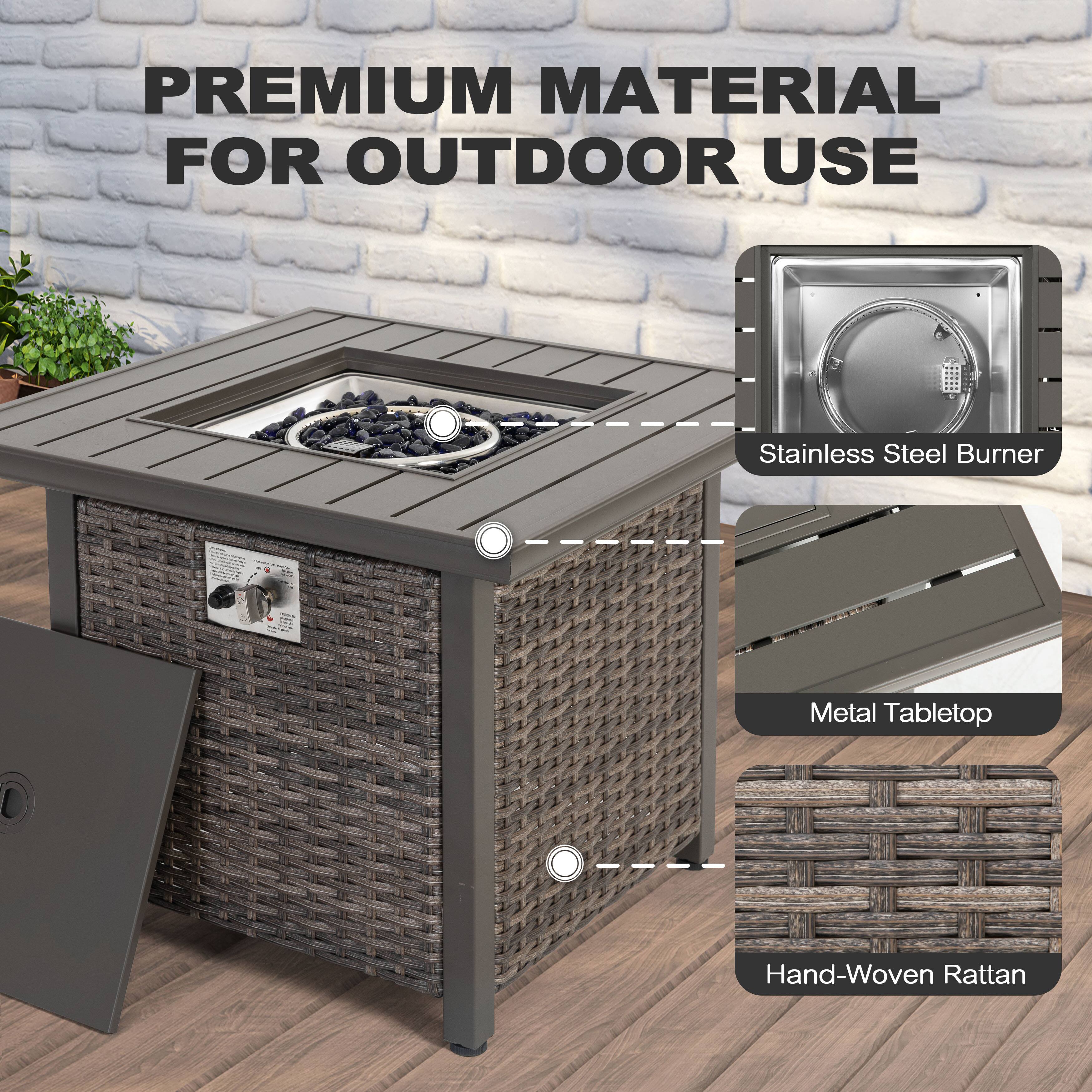 PREMIUM MATERIAL FOR OUTDOOR USE

- Stainless Steel Burner
- Metal Tabletop
- Hand-Woven Rattan