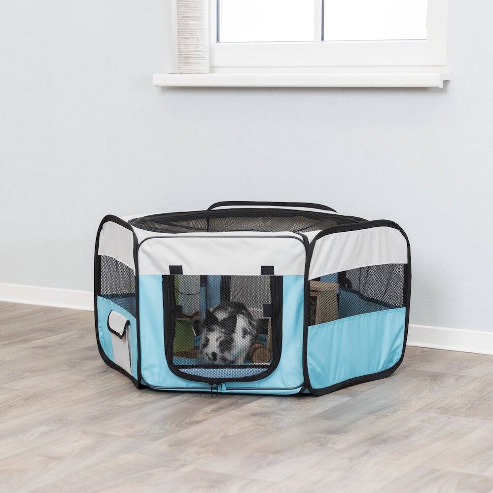 Angle. TRIXIE - Soft-Sided Nylon Mobile Playpen - Turquoise.