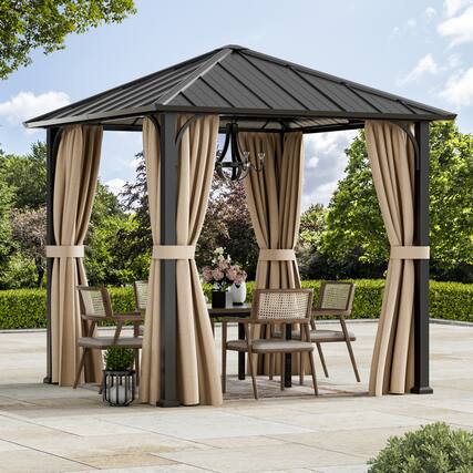 Front. Modern Shade Outdoor Living Spaces - Modern Shade 8'x8' Hardtop Gazebo with Galvanized Steel Roof & Detachable Curtains, Permanent Metal Gazebo - Black.