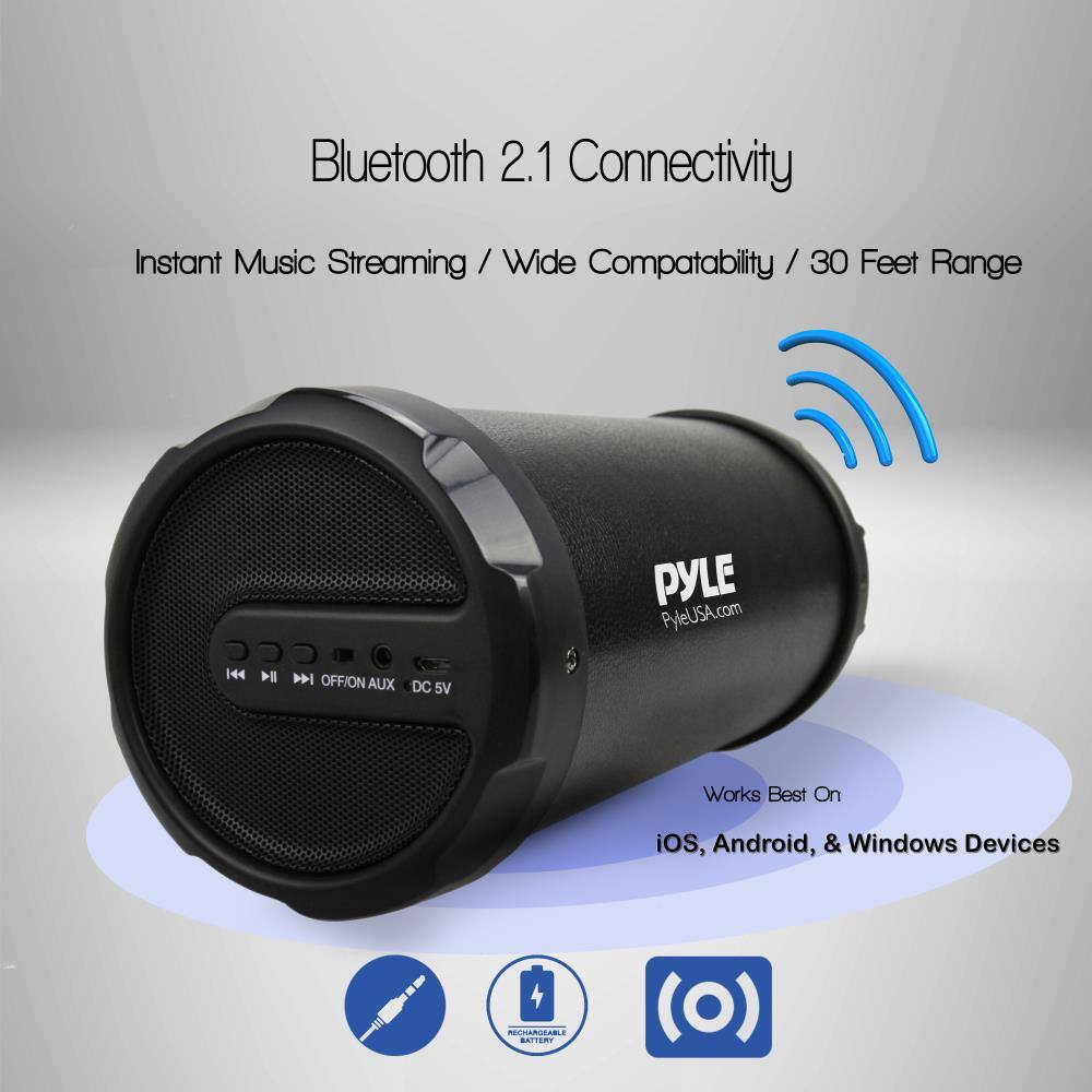 Bluetooth 2.1 Connectivity  
Instant Music Streaming / Wide Compatibility / 30 Feet Range  

Works Best On  
iOS, Android, & Windows Devices  

PYLE  
PyleUSA.com  

OFF / ON AUX DC 5V  

RECHARGEABLE BATTERY