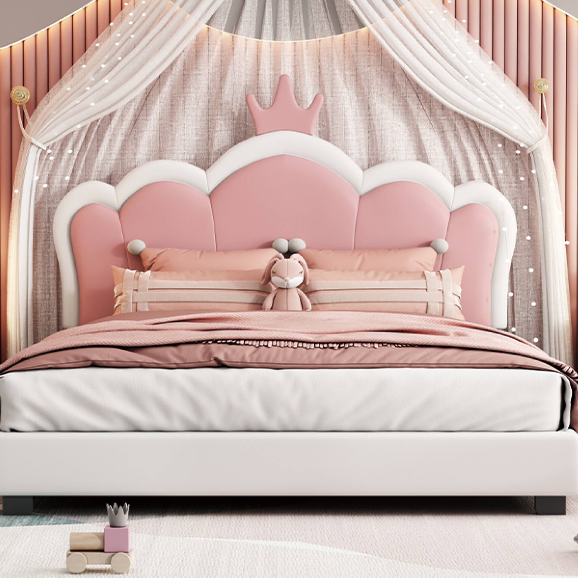 Alt View 8. GOODSILO - Full Size Upholstered Princess Bed with Crown Headboard and Footboard Platform Bed Frame - Cream.