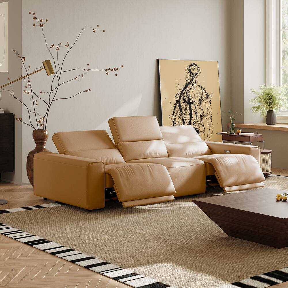 Angle. POVISON - 108.65" Power Reclining Sofa Modular Recliner Couch, Electric Sectional Recliner Sofa, Power Outlet,Khaki - Khaki Sustainable Leather.