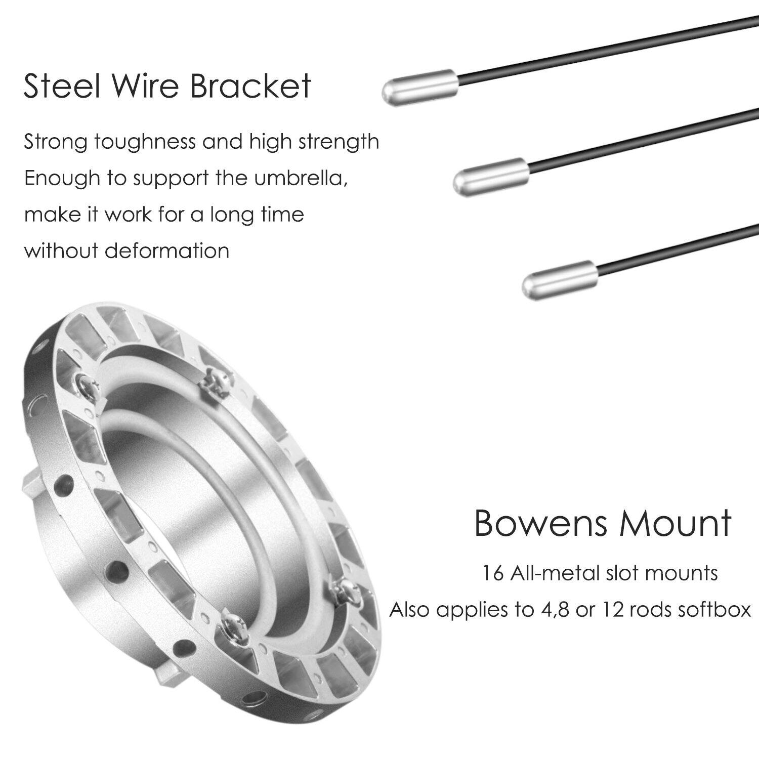 Steel Wire Bracket

Strong toughness and high strength. Enough to support the umbrella, make it work for a long time without deformation.

Bowens Mount

16 All-metal slot mounts. Also applies to 4, 8 or 12 rods softbox.