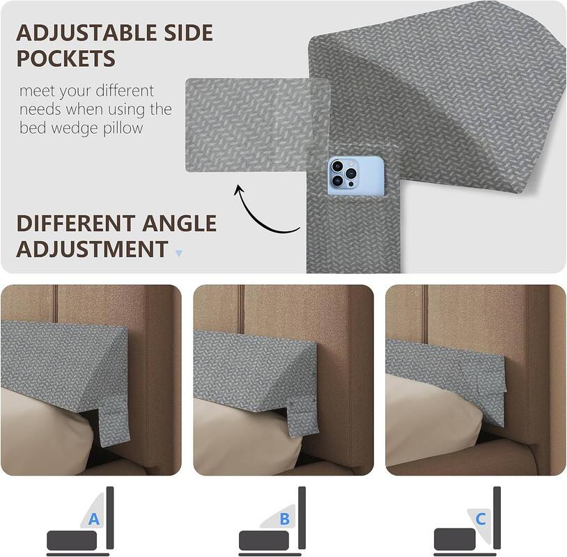 ADJUSTABLE SIDE POCKETS  
meet your different needs when using the bed wedge pillow  

DIFFERENT ANGLE ADJUSTMENT  

A  
B  
C