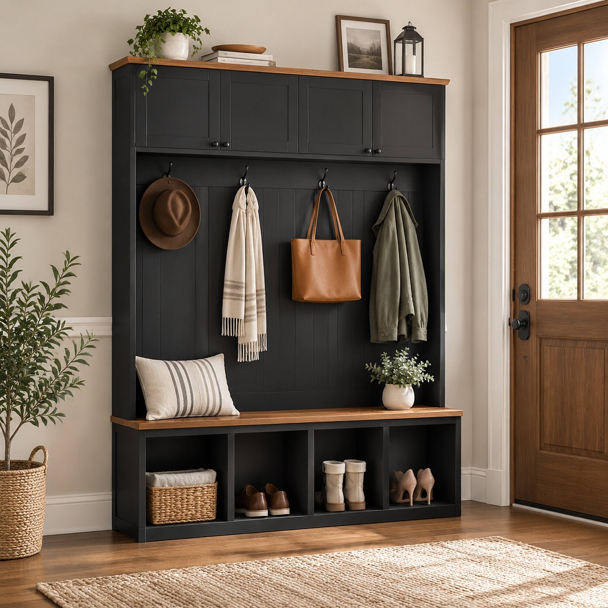 Back. RYHNUYNE - VIBE HAUS 59 in Hall Tree with Bench, 4 Cabinets and 4 Open Compartments, 4 Hooks, Farmhouse Style - Black.