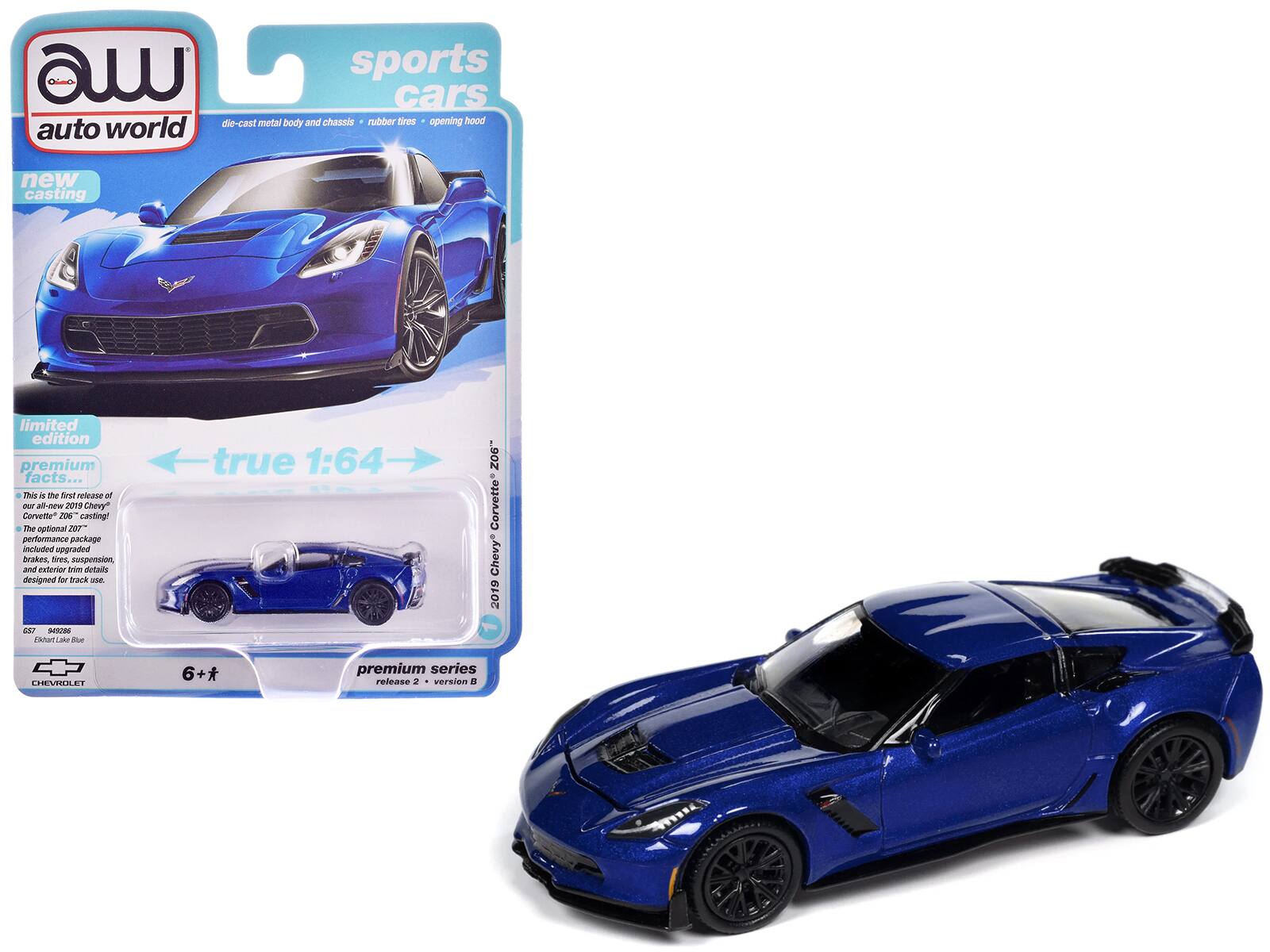 Autoworld - 2019 Chevrolet Corvette Z06 Elkhart "Sports Cars" Series 1/64 Diecast Model Car by Auto World - Lake Blue Metallic