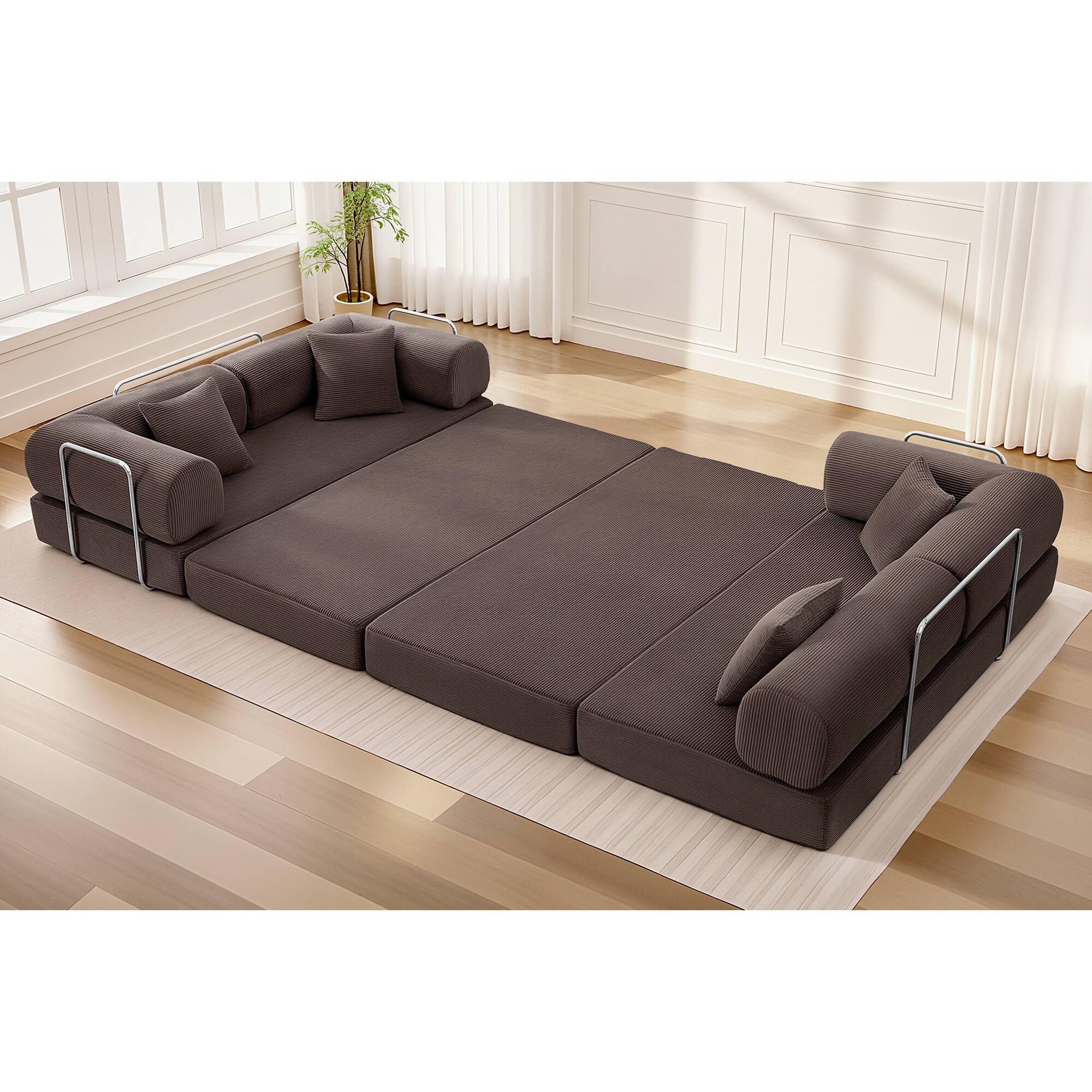 Angle. KERDOM - Upholstered L Shaped Modular Sofa Bed with Chaise, Corduroy Folding Floor Convertible Sofa Couch Bed for Living Room - Coffee.