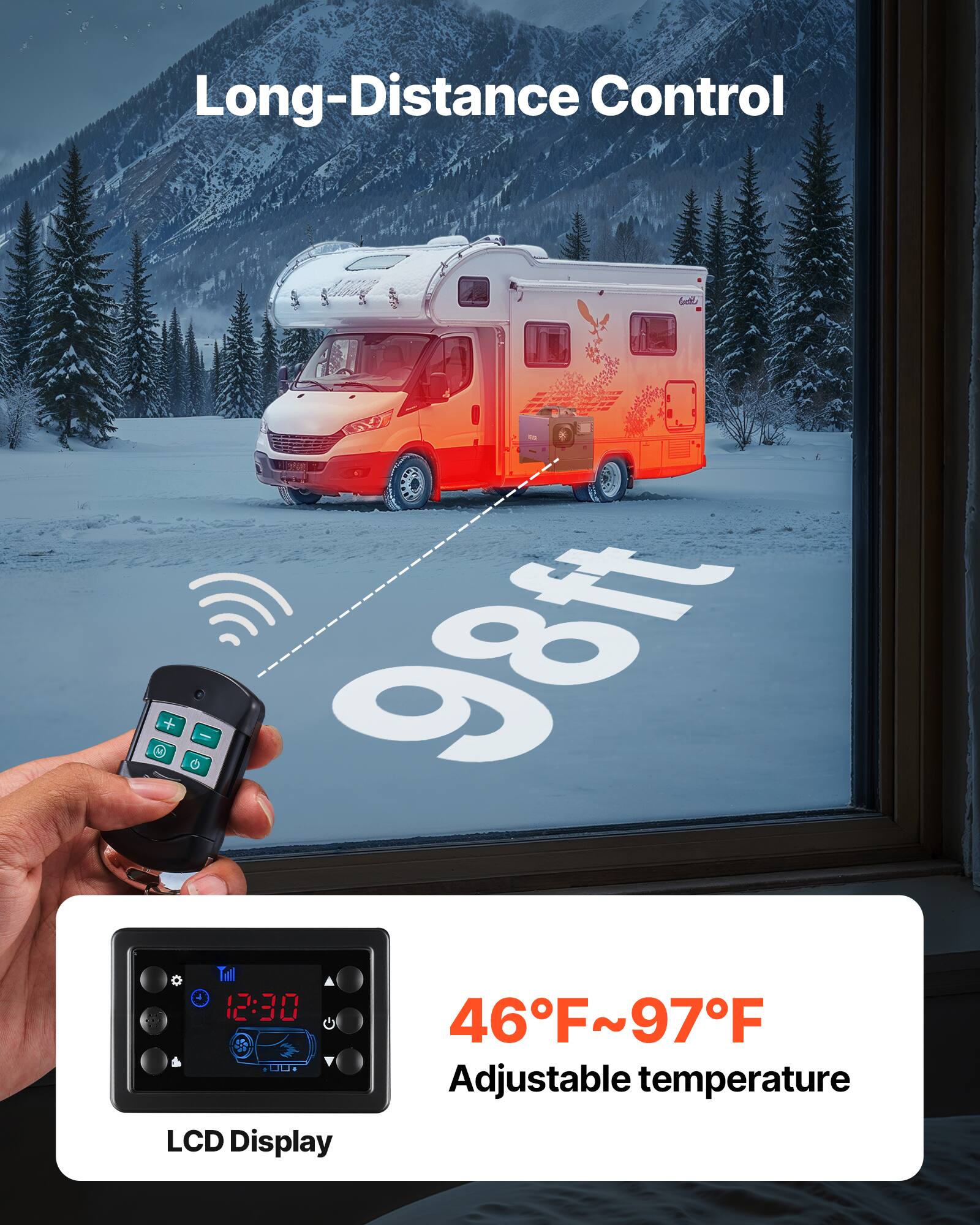 Long-Distance Control  
V G+ 98ft  
Till 12:30  
46°F~97°F  
CHIN  
Adjustable temperature  
LCD Display
