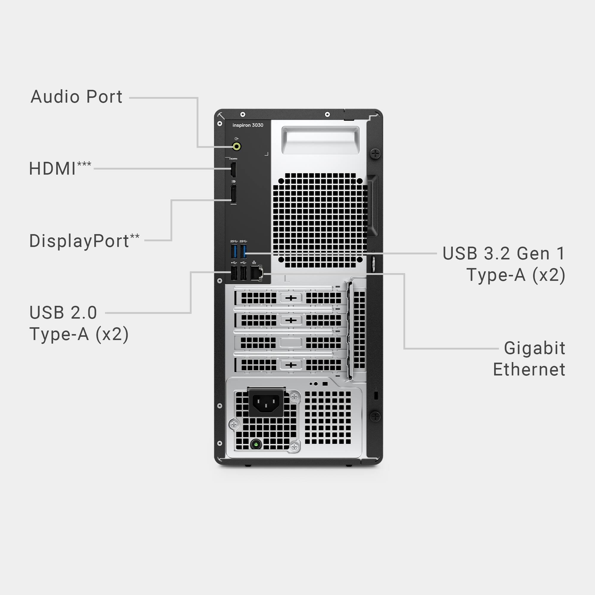 Audio Port, HDMI, DisplayPort, USB 3.2 Gen 1, Type-A (x2), USB 2.0 Type-A (x2), Gigabit Ethernet.