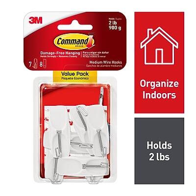 3M Command Damage-Free Hanging  
Para colgar sin dañar  
Medium Wire Hooks  
8 Ganchos de alambre medianos  
Value Pack  
Organize Indoors  
Holds 2 lbs  
2 lb 900 g