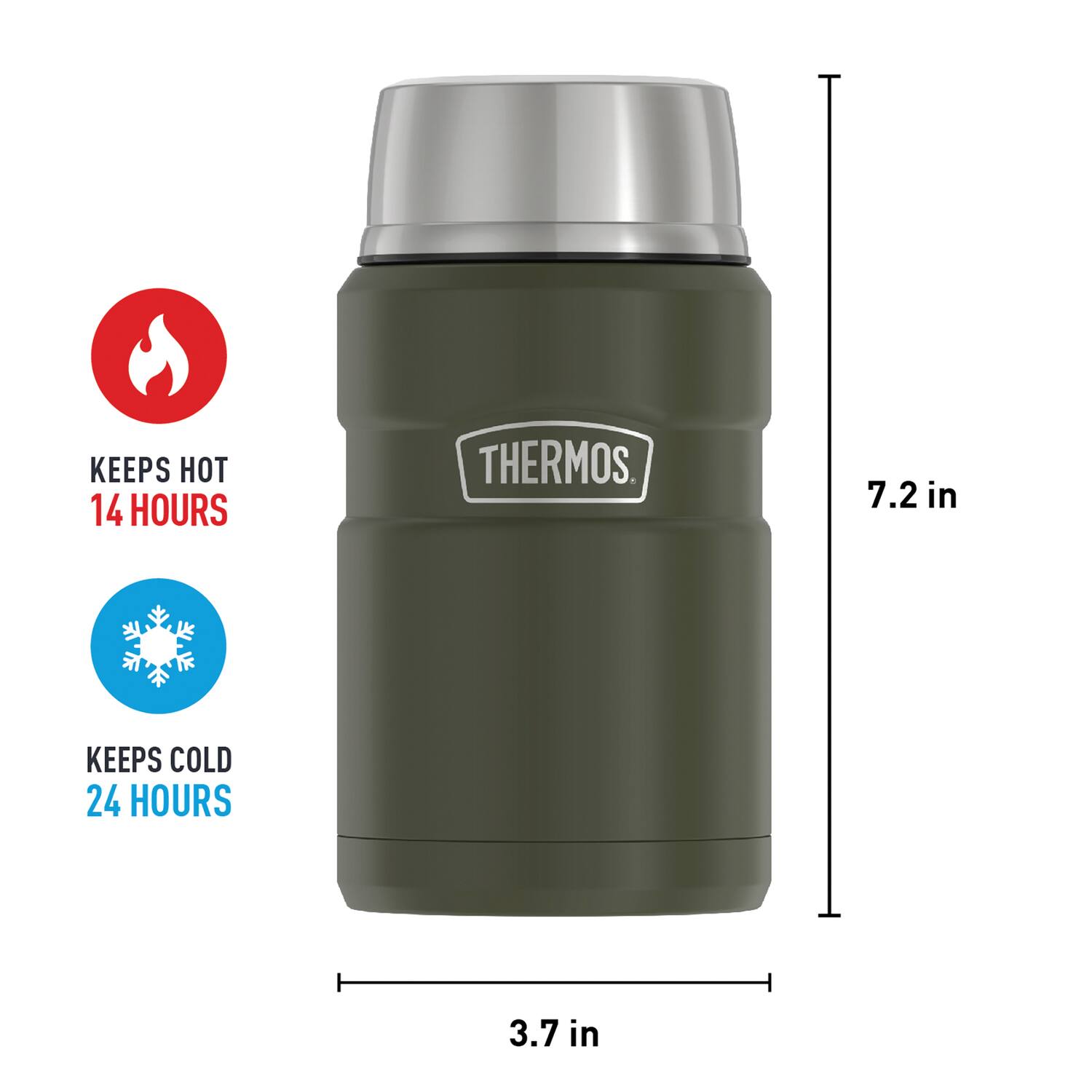 KEEPS HOT 14 HOURS  
THERMOS  
7.2 in  
KEEPS COLD 24 HOURS  
3.7 in