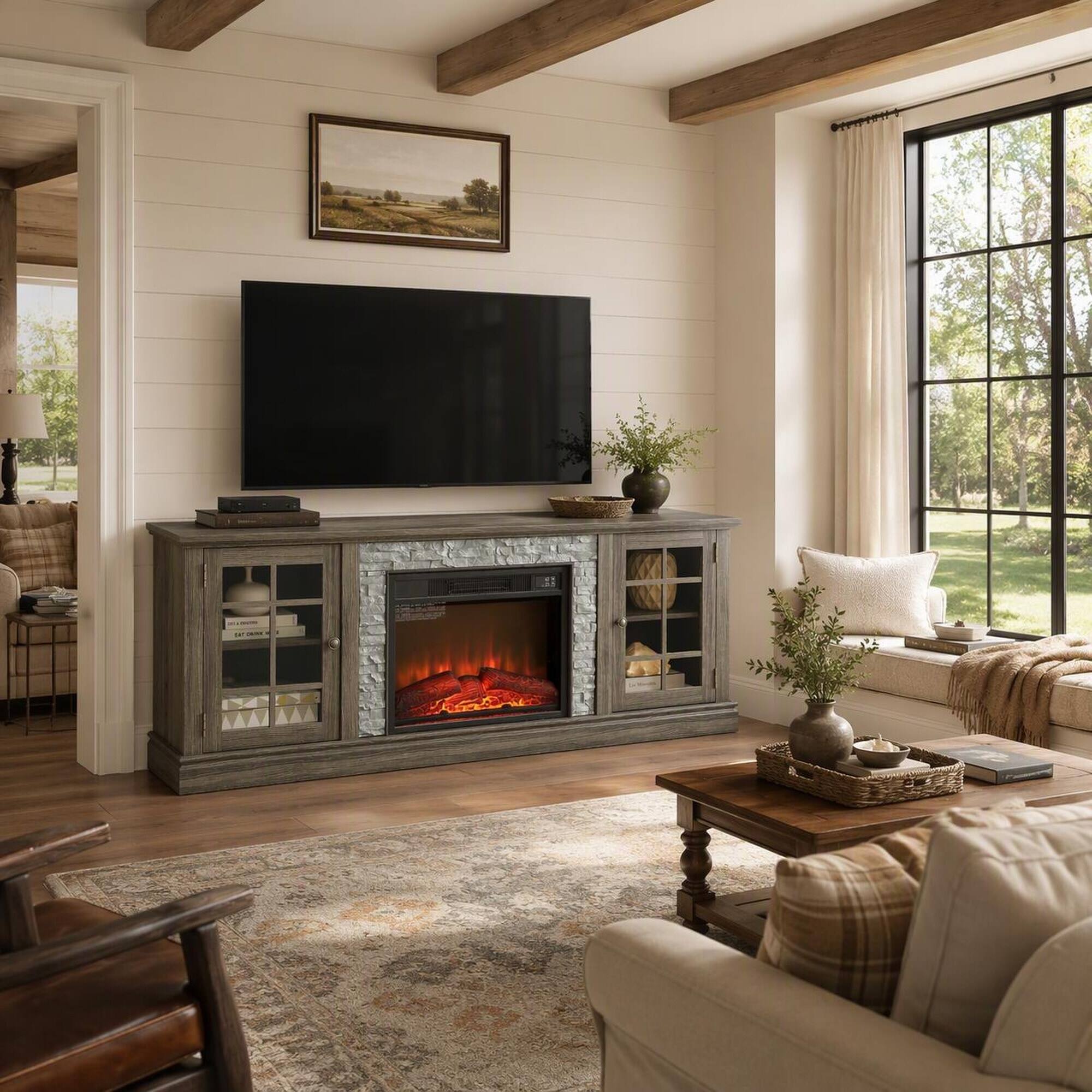 Angle. RYHNUYNE - 70-Inch Wide Electric Fireplace TV Stand with Faux Stone Finish, 2 Storage Cabinets, Adjustable Shelves - Gray.