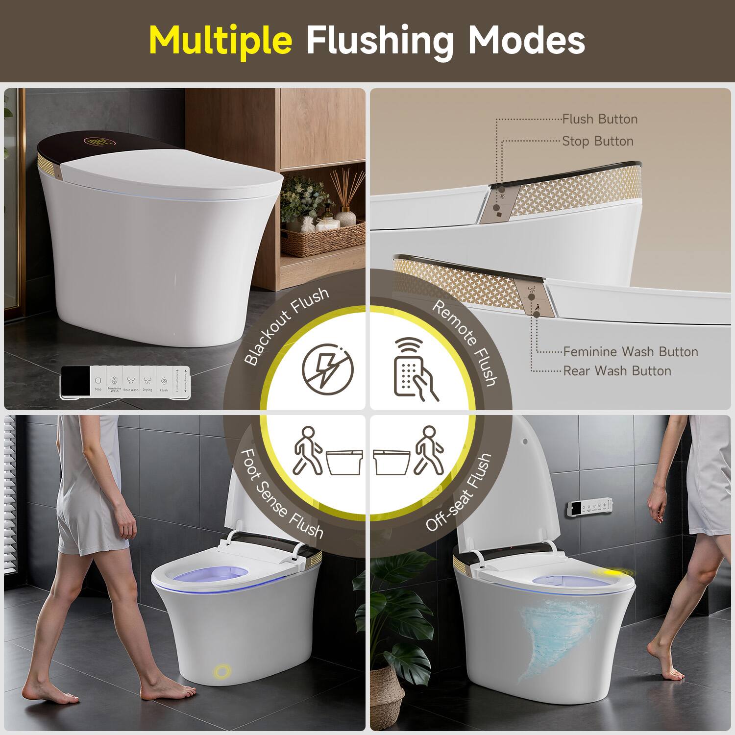 Multiple Flushing Modes

- Flush Button
- Stop Button
- Blackout Flush
- Remote Flush
- Feminine Wash Button
- Rear Wash Button
- Foot Sense Flush
- Off-seat Flush