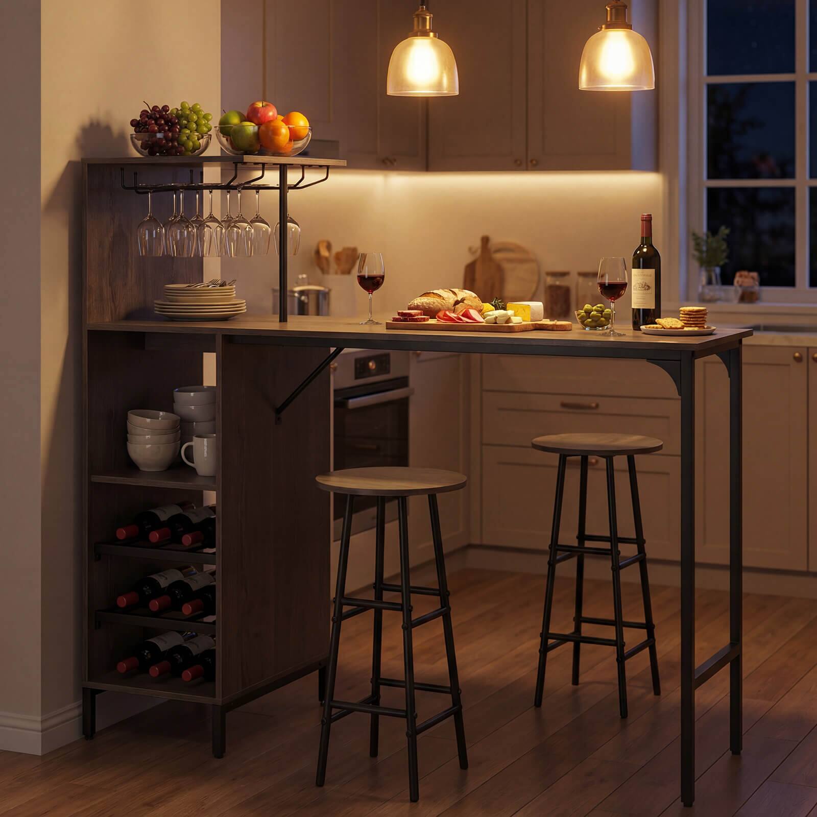 Alt View 3. Costway - Costway 3 PCS Bar Table and Chairs Set Industrial Pub Table & Stools with Bottle Wine Rack - Oak.