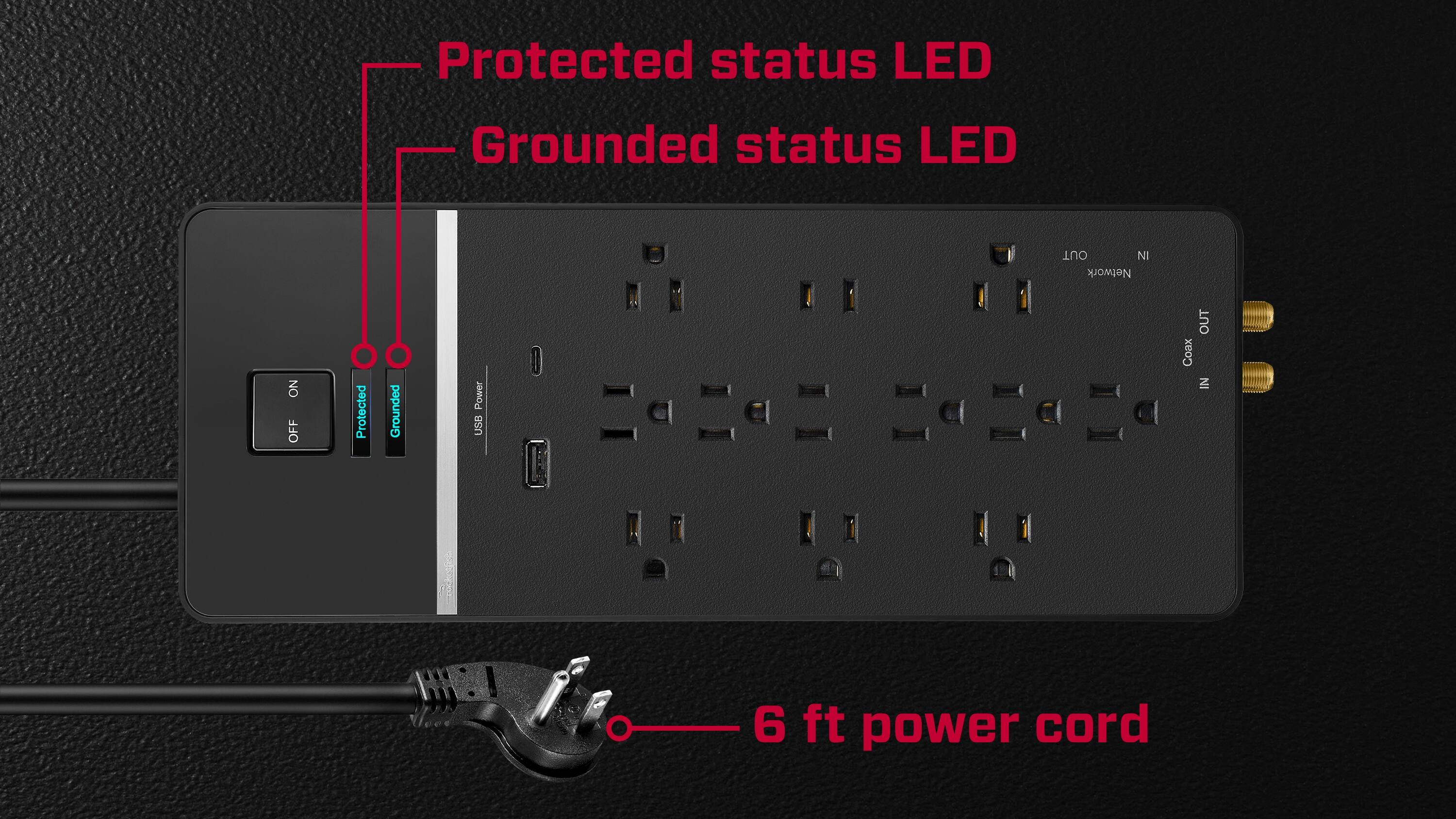Protected status LED: Grounded status LED: OUT: NI Network: ON/OFF: Protected: Grounded: Power: USB: OUT: Coax: IN: 6 ft power cord