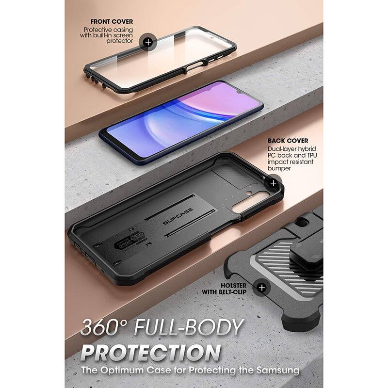FRONT COVER  
Protective casing with built-in screen protector  

BACK COVER  
Dual-layer hybrid PC back and TPU impact resistant bumper  

HOLSTER WITH BELT-CLIP  

360° FULL-BODY PROTECTION  
The Optimum Case for Protecting the Samsung