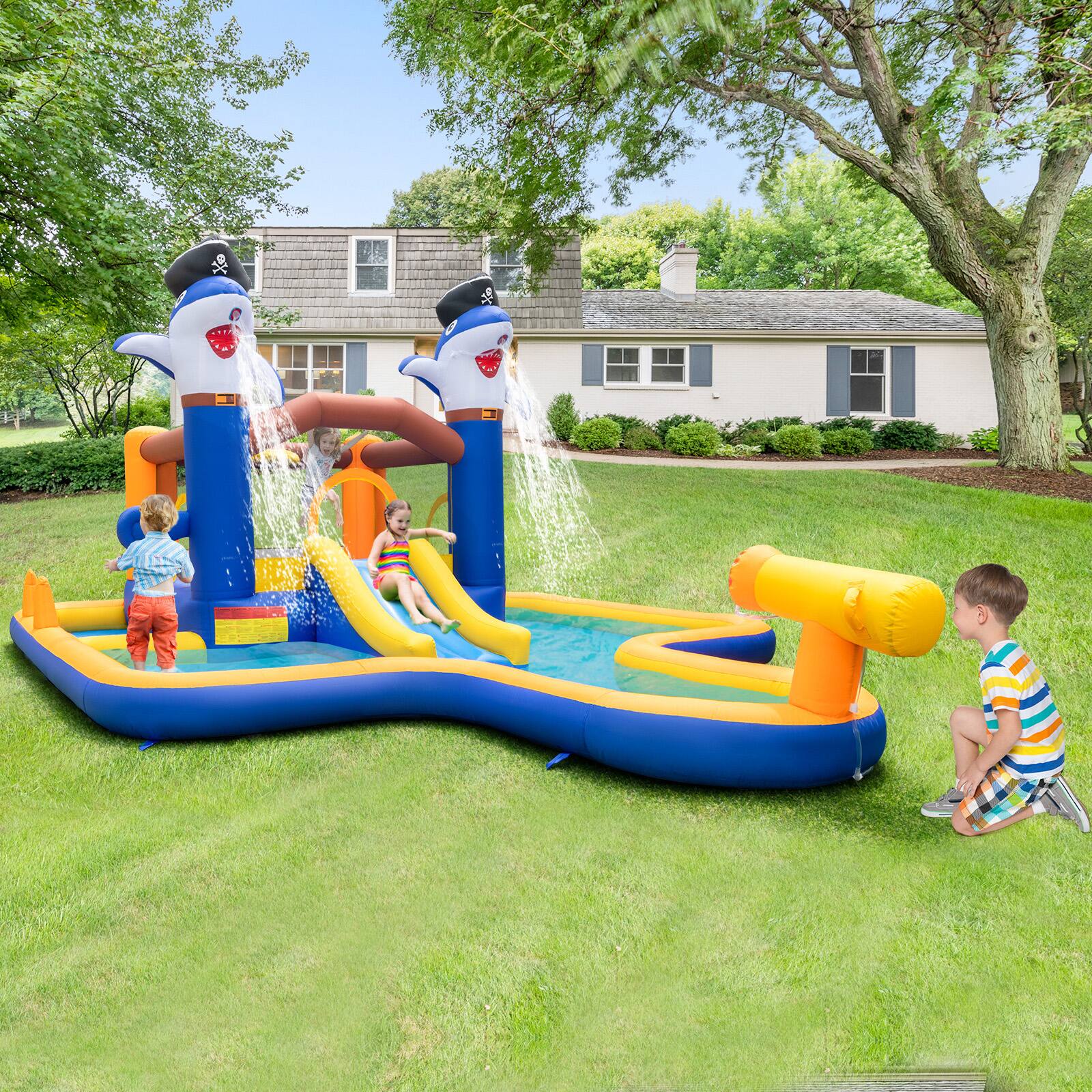 Alt View 2. Ecooso - 7-in-1 Inflatable Water Slide Park w/ Splash Pool & Water Cannon, No Blower.