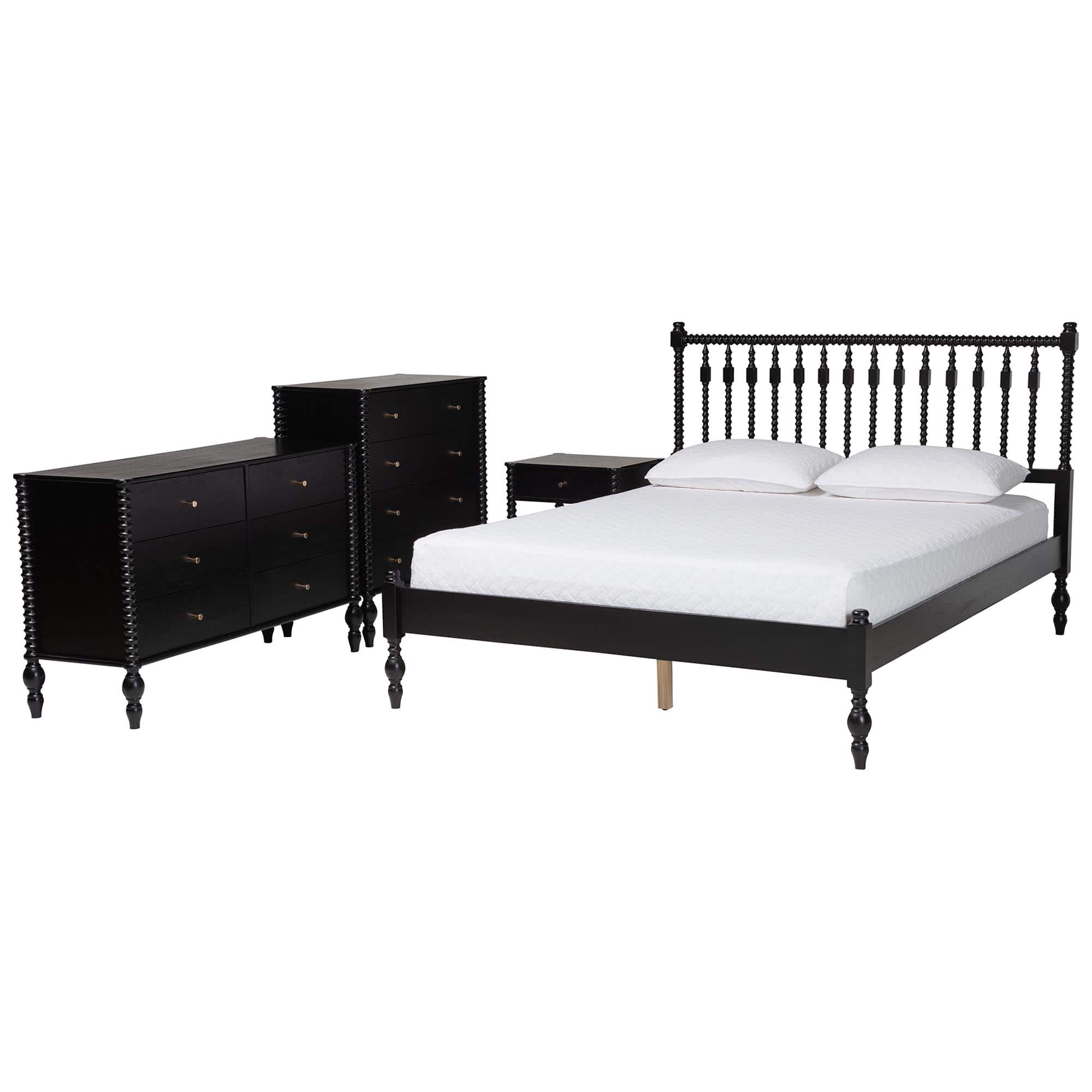 Baxton Studio - Denita Spindle 4-Piece Bedroom Set - Farmhouse Platform Bed with Matching Dresser, Chest, and 1-Drawer Nightstand, Queen - Black