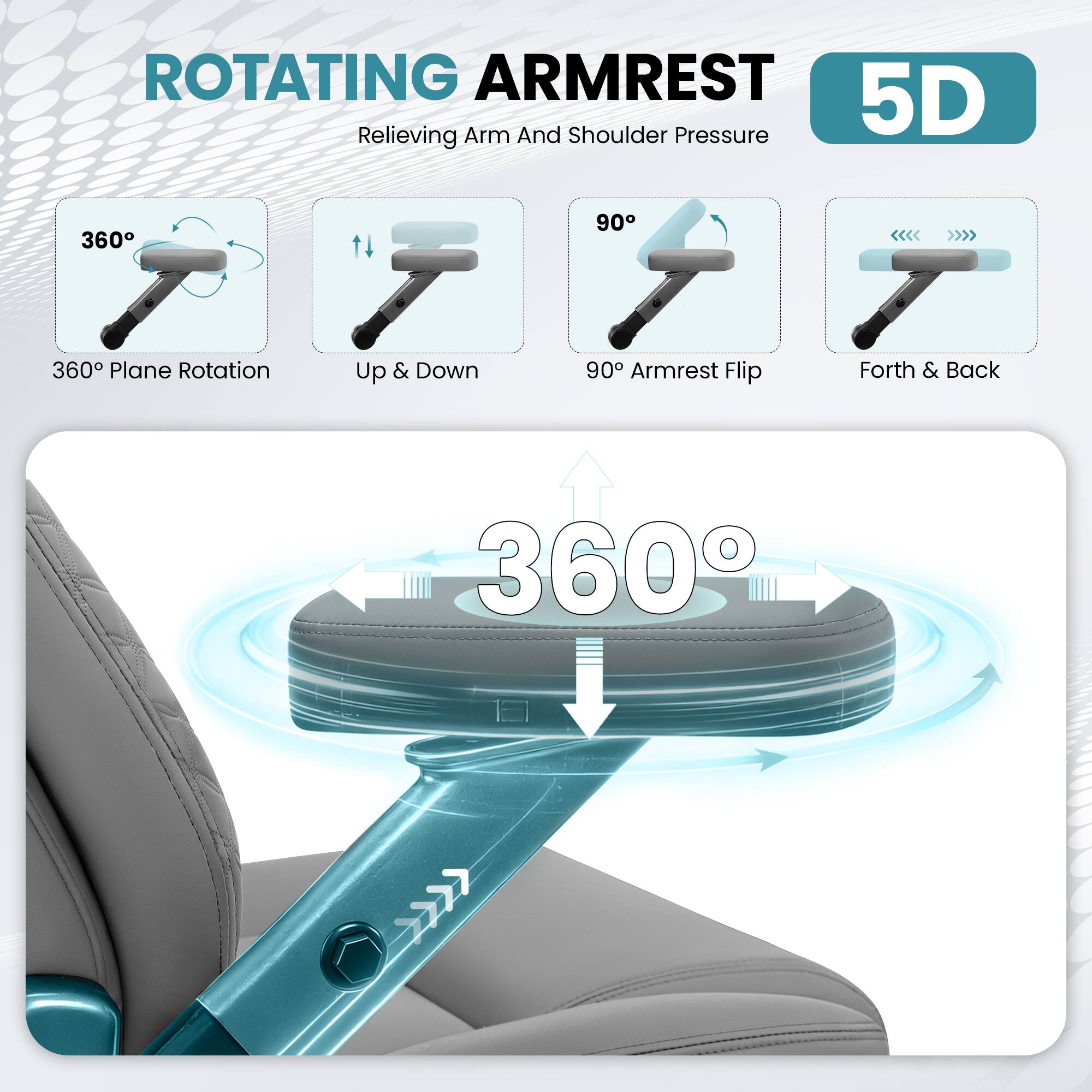 ROTATING ARMREST  
5D  
Relieving Arm And Shoulder Pressure  

- 360° Plane Rotation  
- Up & Down  
- 90° Armrest Flip  
- Forth & Back  
- 360°