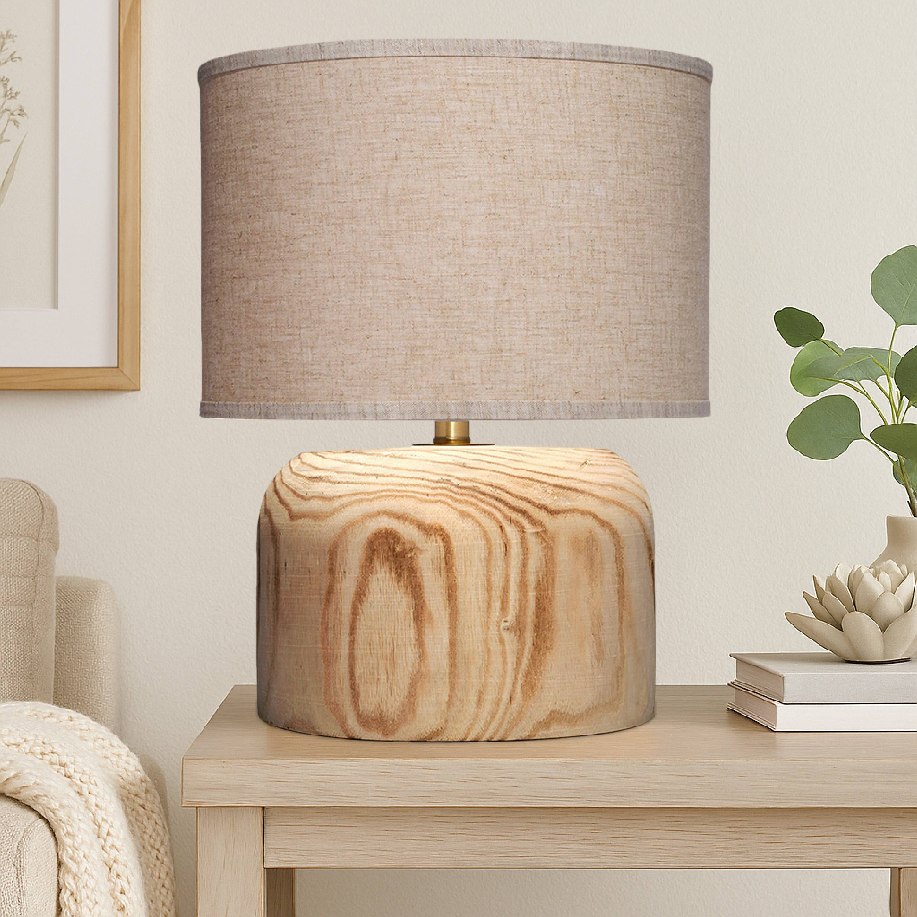 Alt View 2. Manhattan Lane - Timy Accent Table Lamp, 18 Inch, Linen Drum Shade, Wood Base - Natural Brown, Oat Brown, Brass.