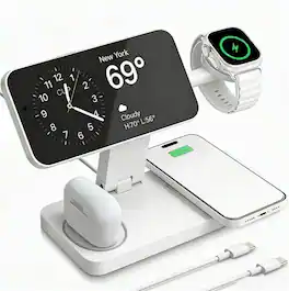 SKRAN - Wireless Fast Charging Station - Foldable 4 in 1 Magnetic Charger Stand Compatible with iPhone, Apple Watch, AirPods Pro - White