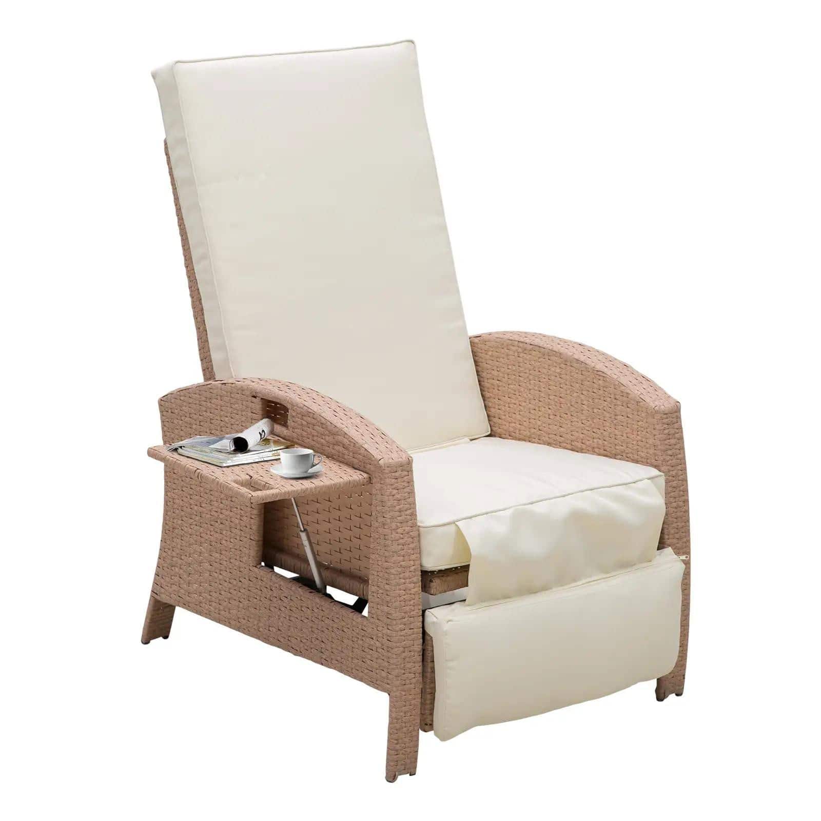 Resenkos - Patio Recliner, Outdoor Reclining Chair with Flip-Up Side Table, All-Weather Wicker Metal Frame Chaise - Beige