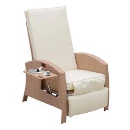 Resenkos - Patio Recliner, Outdoor Reclining Chair with Flip-Up Side Table, All-Weather Wicker Metal Frame Chaise - Beige