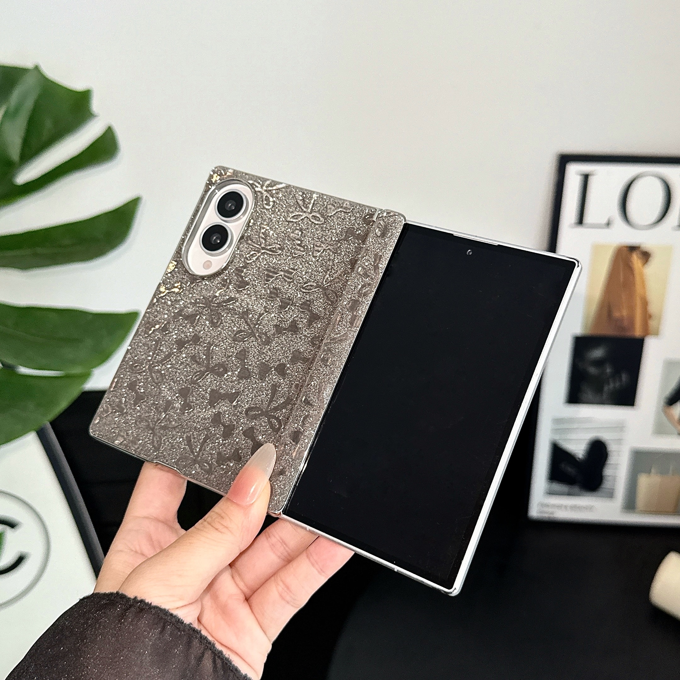 Dteck - Glitter Electroplated Frame Case for Samsung Galaxy Z Fold8, Faux Leather Rigid Plastic Magnetic Hinge Protection Cover - Black price history on PriceWatchPro