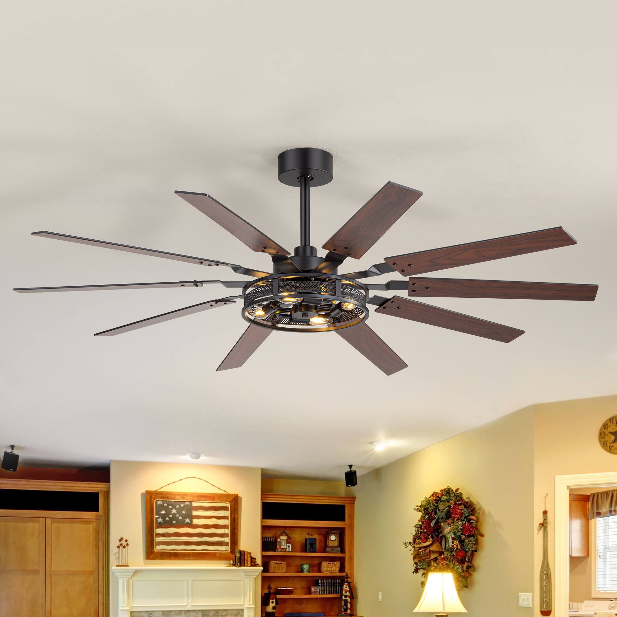 Front. Breezary - 60-inch Ceiling Fan with Light Kit, 10 Plywood Blades, DC Motor, 6-Speed Remote Control with Memory Function - Matte Black and Dark Walnut Color.