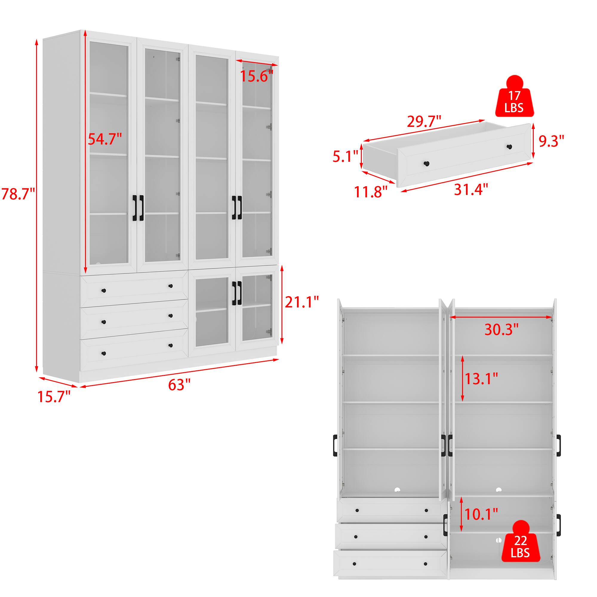 78.7", 54.7", 15.6", 63", 15.7", 21.1", 11.8", 5.1", 29.7", 9.3", 31.4", 17 LBS

30.3", 13.1", 10.1", 22 LBS