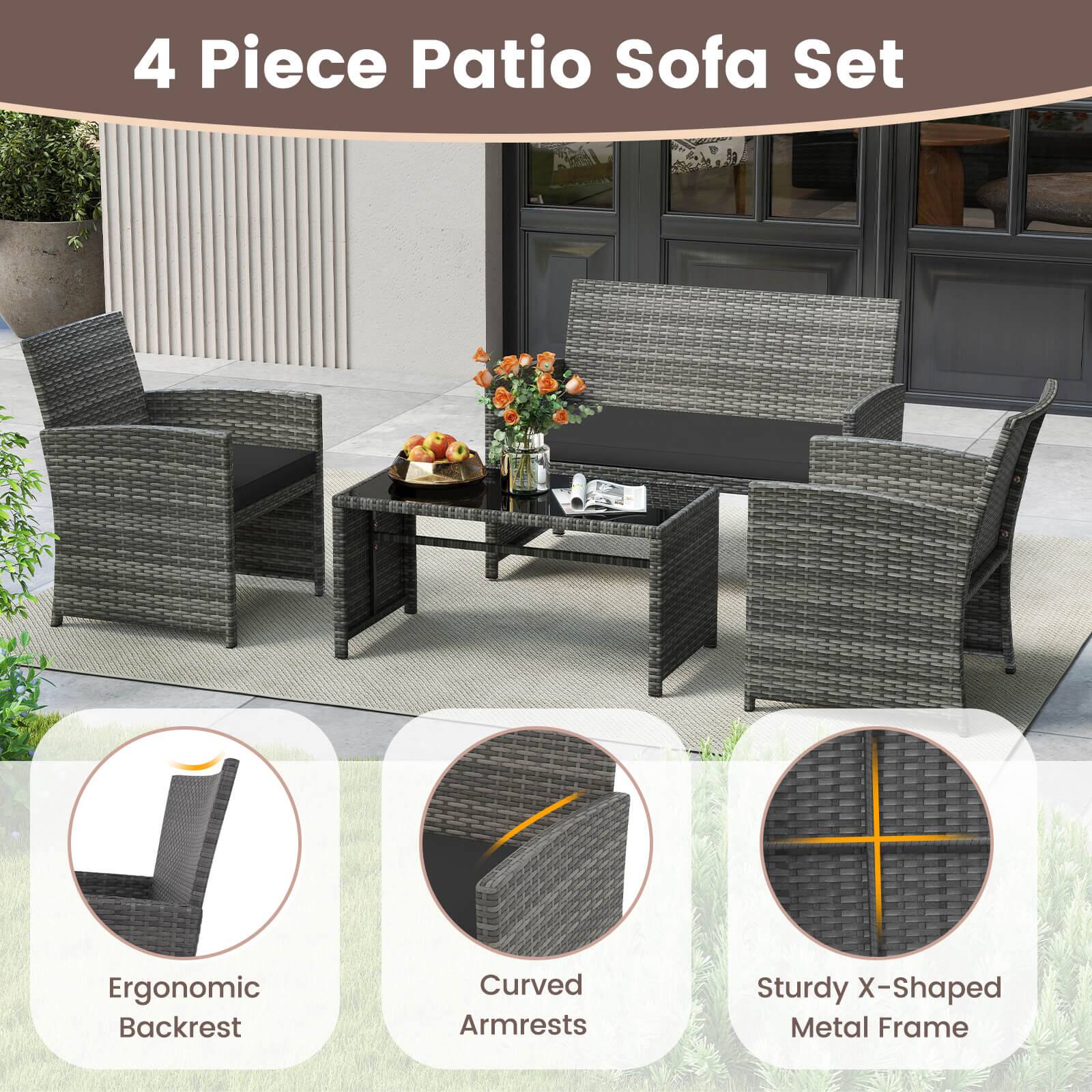 4 Piece Patio Sofa Set

- Ergonomic Backrest
- Curved Armrests
- Sturdy X-Shaped Metal Frame