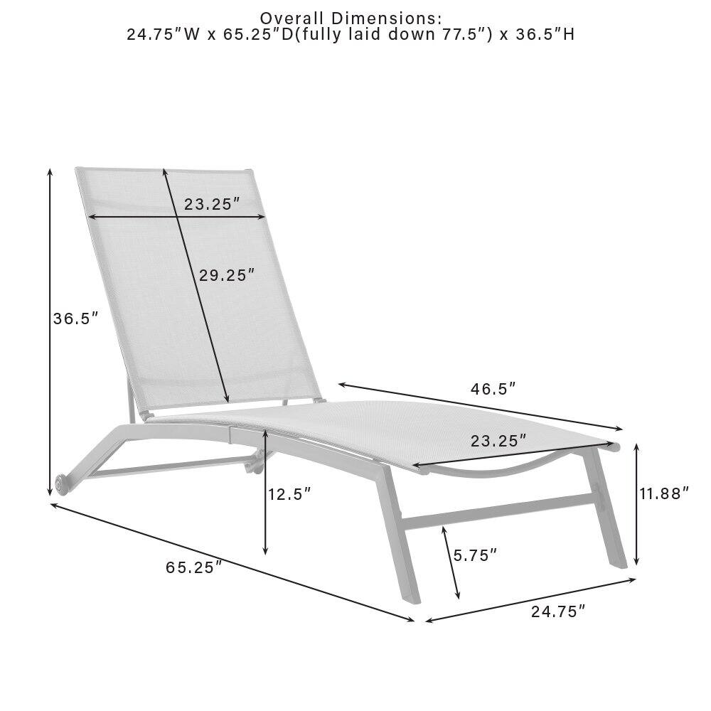 Overall Dimensions: 24.75"W x 65.25"D (fully laid down 77.5") x 36.5"H

- 23.25"
- 29.25"
- 36.5"
- 46.5"
- 23.25"
- 12.5"
- 11.88"
- 65.25"
- 5.75"
- 24.75"