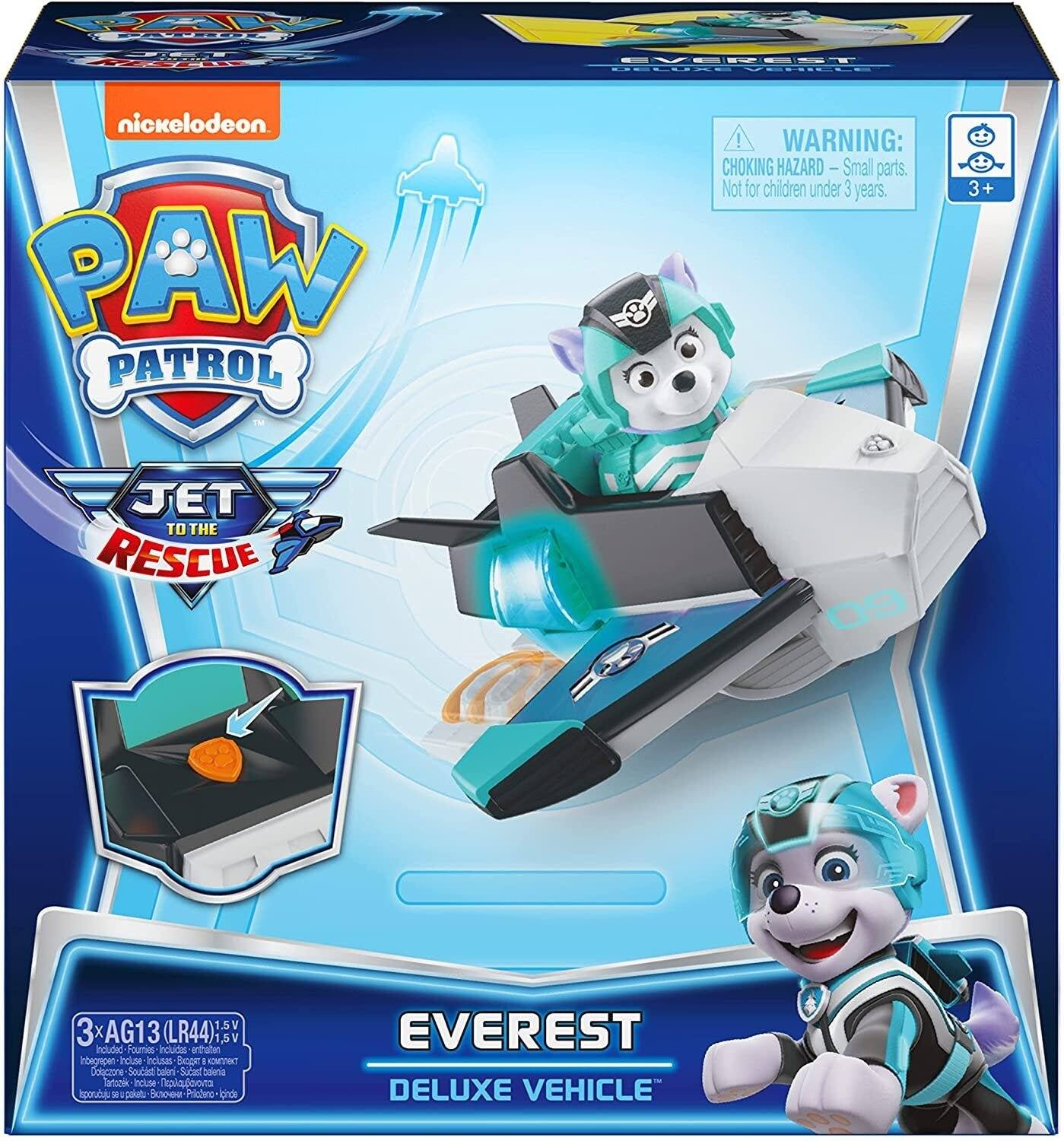PATROL  
EVEREST DELUXE VEHICLE  
nickelodeon PAW PATROL  
! WARNING: CHOKING HAZARD - Small parts. Not for children under 3 years.  
3+  
JET TO THE RESCUE  
09  
1.5V 3XAG13 LR44) 1,5V included Fournies inclusas entrallen Integrepen- Induse asadori  8 CASCO Coloczone Soucast baleni Sucast baleria Tartcok included i sporucuju 96 paketu  Pricteno (pinde  
EVEREST DELUXE VEHICLE