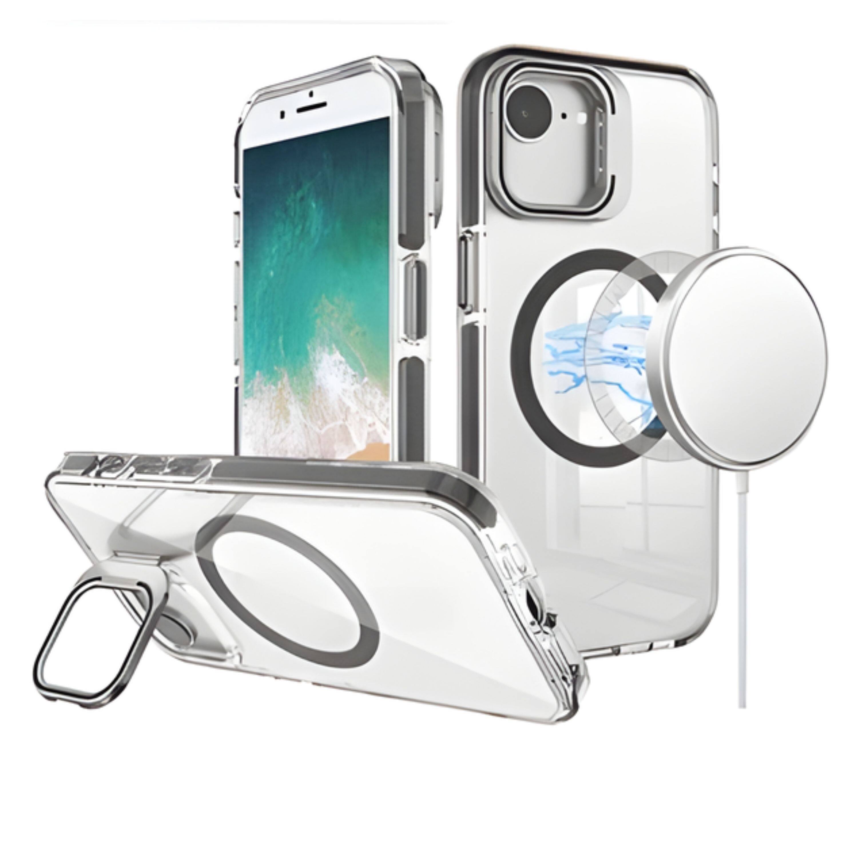 Angle. Kitcheniva - Magnetic Circle Camera Stand Phone Case With Tempered Glass For iPhone 16e/17e - Black.