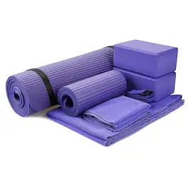 BalanceFrom Fitness - 7 Piece Yoga Set with Mat, Stretch Strap & Knee Pad - Purple
