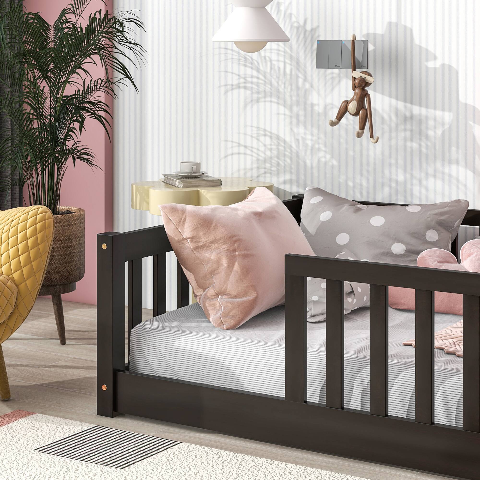 Alt View 2. GOODSILO - Twin Size Low-Profile Youth Bed with Secure Enclosure Frame, Solid Wood Construction, Neutral Finish - Espresso.