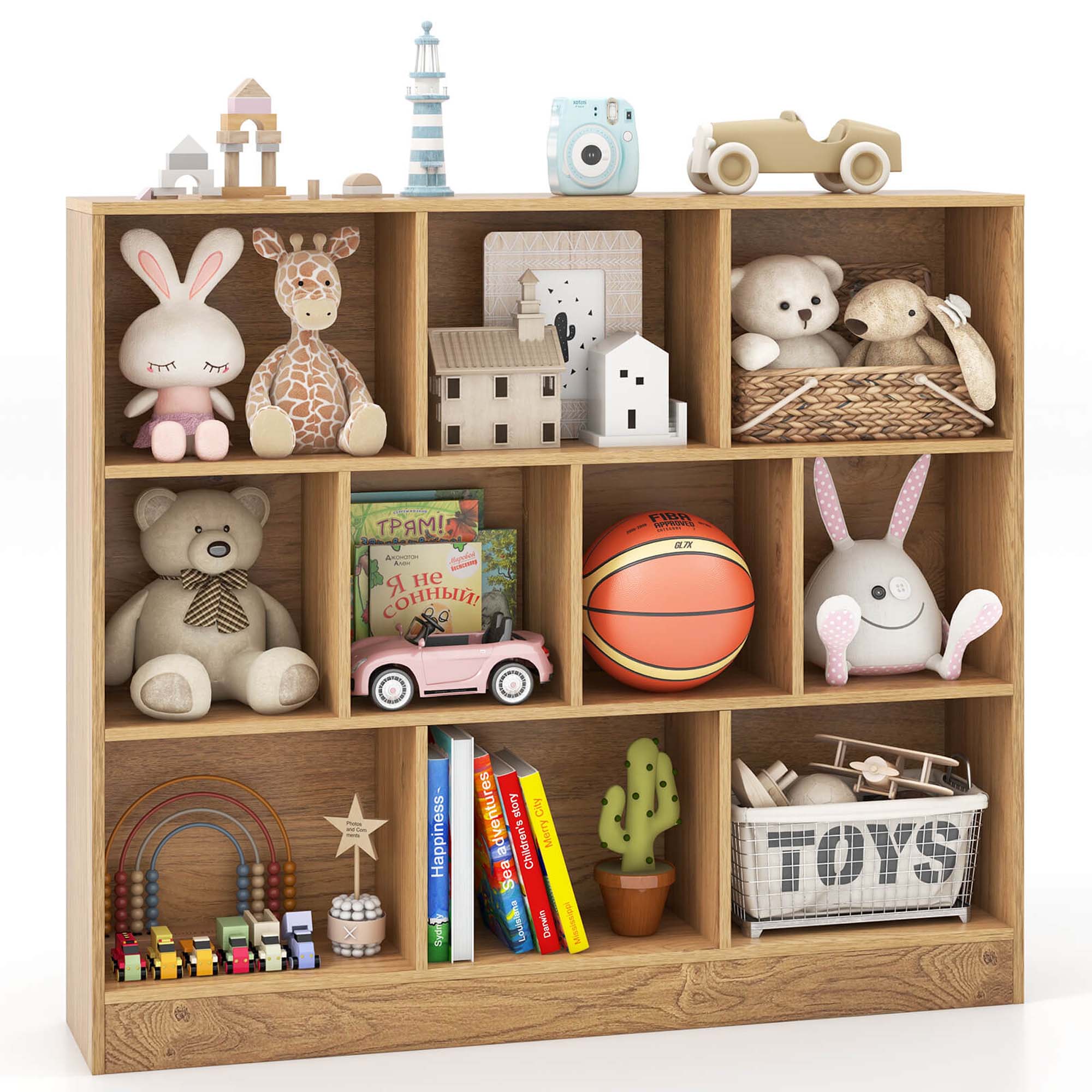 Costway - 10-Cube Bookcase for Kids 41"Wooden Toy Storage Organizer for Kid’s Room - Natural