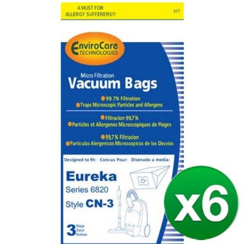 A MUST FOR ALLERGY SUFFERERS!!  
317 EnviroCore E TECHNOLOGIES Micro Filtration Vacuum Bags  
99.7% Filtration Traps Microscopic Particles and Allergens  
Filtracion 99.7% Particles et Allergenes Microscopiques de Pieges  
99,7% Filtracion Particulas Alergenicos Microscopicos de los Desvios  
Designed to fit: Concus Pour: Disenado a media:  
Eureka Series 6820 Style CN-3 Bags  
3 Sacs x6