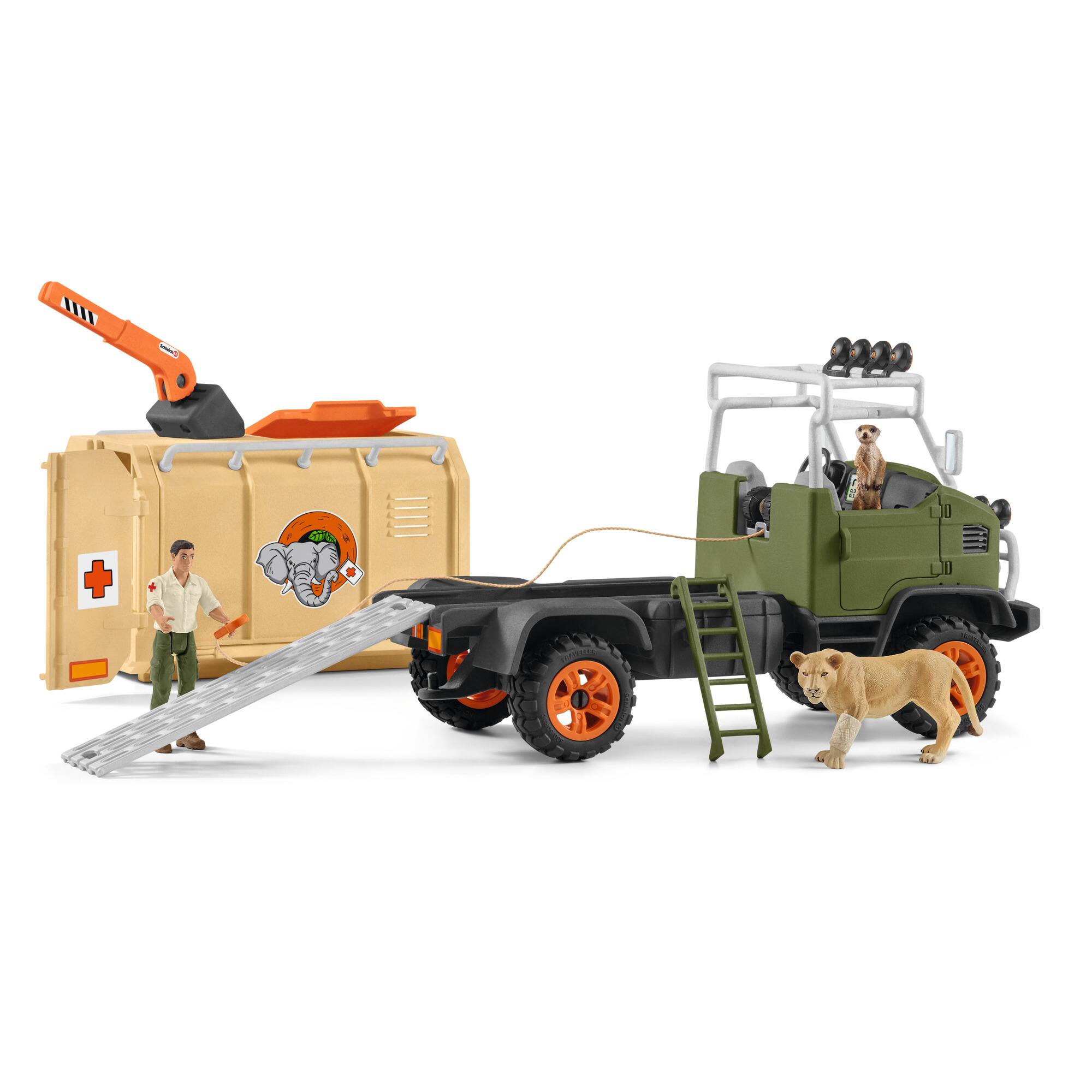 The image features a toy truck with a crane on the back, and a toy man standing next to it. The truck is also carrying a toy dog, which is sitting on the back of the truck. The scene appears to be a playful setup, possibly for a child's toy playtime.