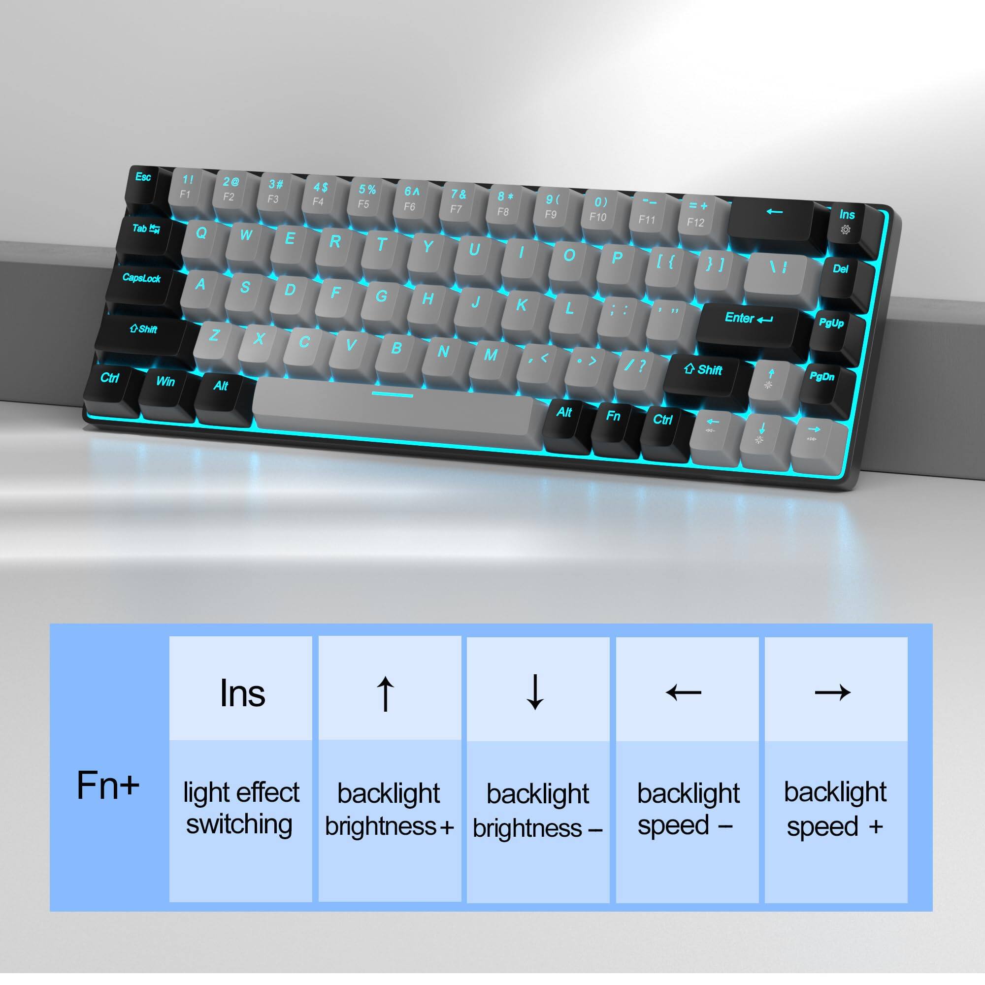 Esc !! 20 3# 4$ F1 5% SA 7& F2 FJ B 14 F5 F6 17 F8 Tab 2 Q w E R T Y U I CapeL.ock A S D F G H J K Shit Z X  V B N M Ctr Win Alt 9 F9 O L < 0) F10 F11 F12 P [ I )1 1 Enter > / Shift  I Ins Del PoUp PgDn Alt Fn Ct - - Ins Fn+ light effect backlight backlight backlight backlight switching brightness + brightness- - speed | speed +