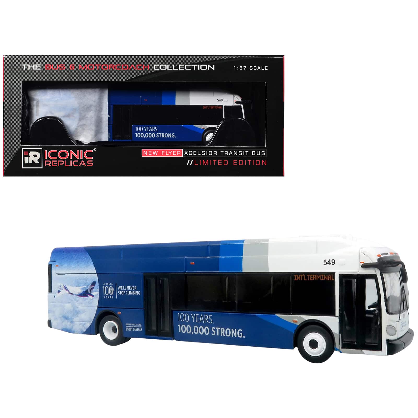 New Flyer Xcelsior XN40 Transit Bus Blue and White with Graphics 1/87 (HO) Scale Diecast Model by Iconic Replicas