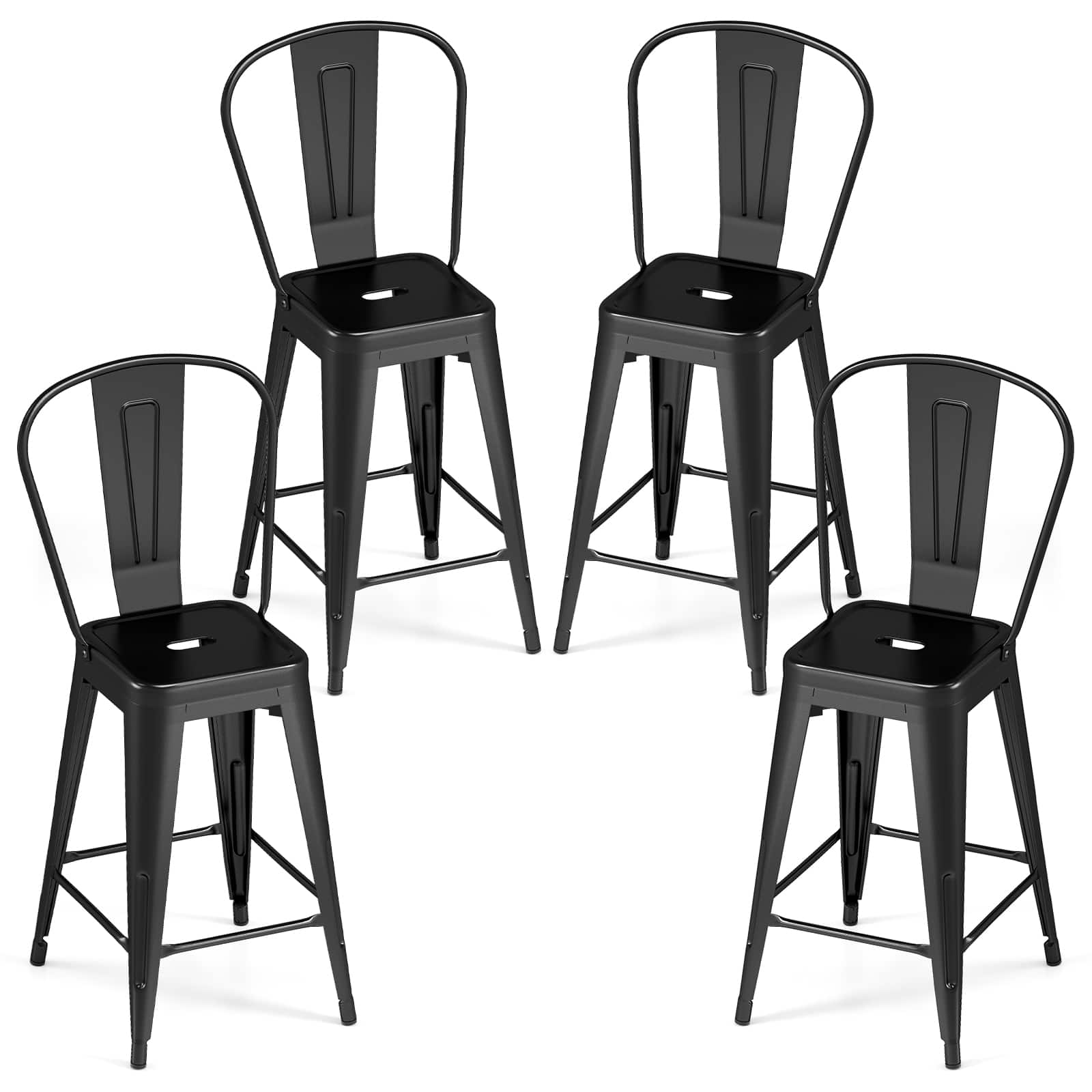 Gymax - Metal Bar Stools Set of 4 24'' Counter Height Barstools w/ Backrests&Footrests - Black
