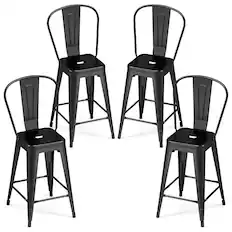 Front. Gymax - Gymax Metal Bar Stools Set of 4 24'' Counter Height Barstools w/ Backrests&Footrests Black - Black.