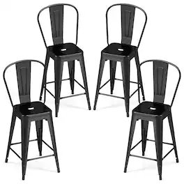 Gymax - Metal Bar Stools Set of 4 24'' Counter Height Barstools w/ Backrests&Footrests - Black