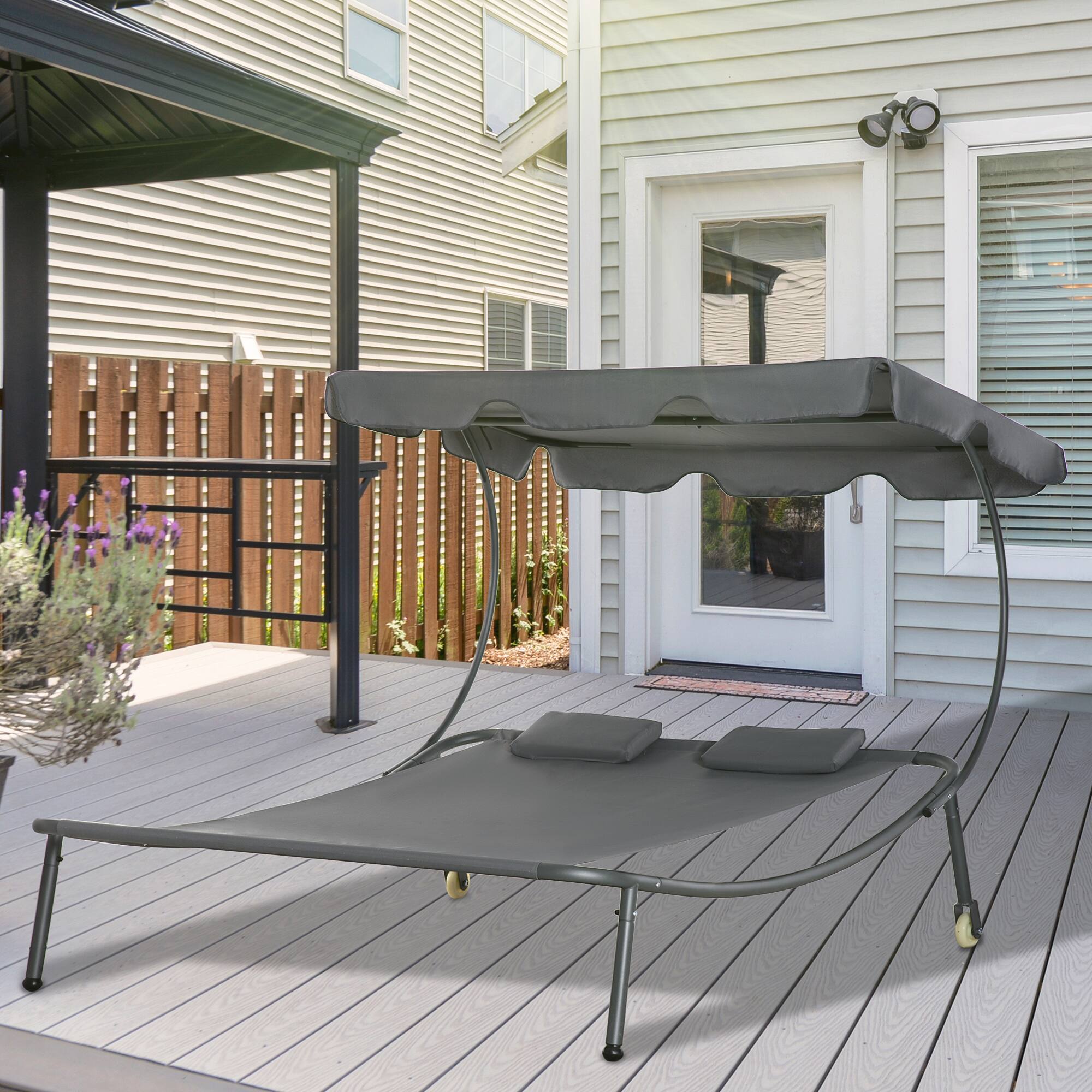 Alt View 7. Outsunny - Patio Double Chaise Lounge Chair, Outdoor Wheeled Hammock Daybed with Adjustable Canopy and Pillow for Sun Room - Grey.