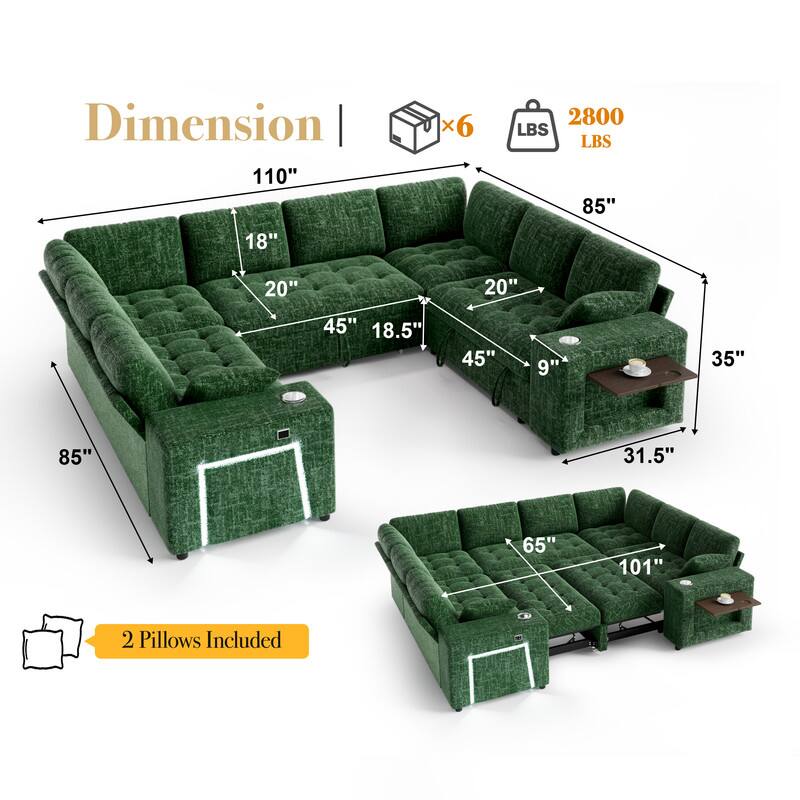 Dimension: 110" x 85" x 35"  
Depth: 20"  
Seat Depth: 45"  
Arm Height: 18"  
Back Height: 45"  
Seat Height: 18.5"  
Armrest Height: 9"  
Seat Width: 65"  
Overall Width: 101"  
Weight Capacity: 2800 LBS  
2 Pillows Included