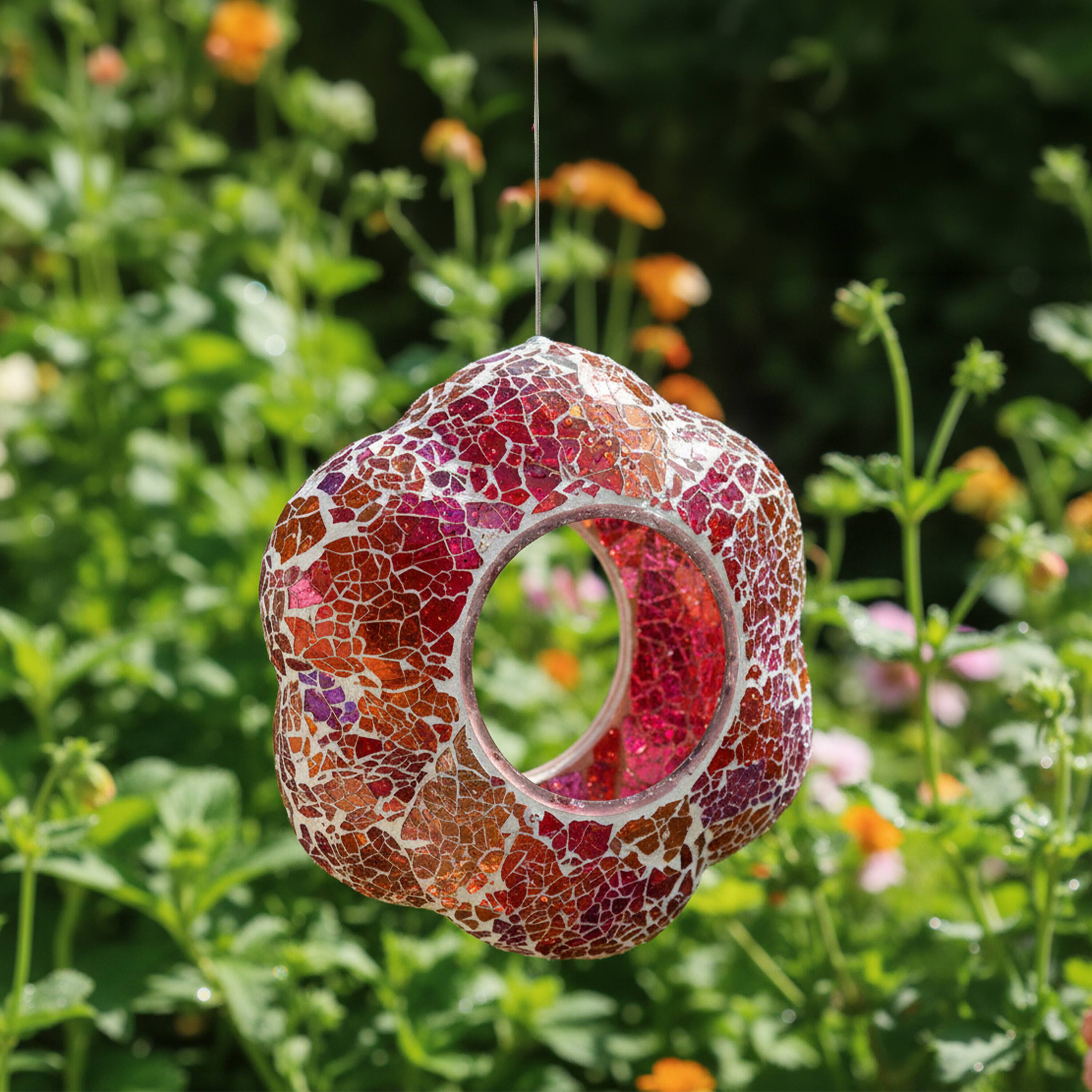 Alt View 7. Sunnydaze - Glass Fly-Through Hanging Bird Feeder - 10 in - Pearl Pink Flower.