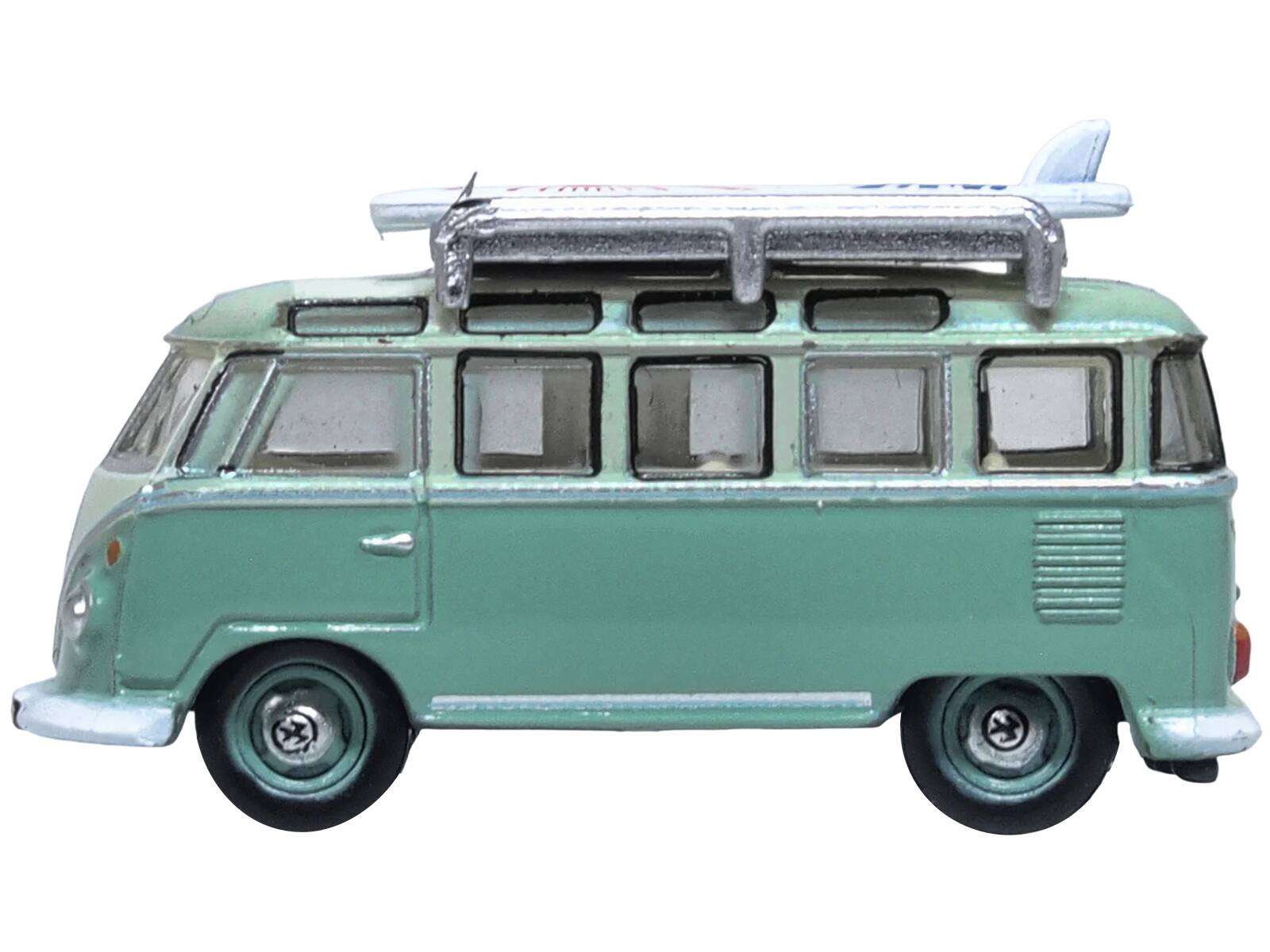Angle. Oxford Diecast - Volkswagen T1 Samba Bus RHD (Right Hand Drive) Green Two-Tone with Surfboards on Roof Rack 1/148 (N) Scale & - Green Two-Tone.
