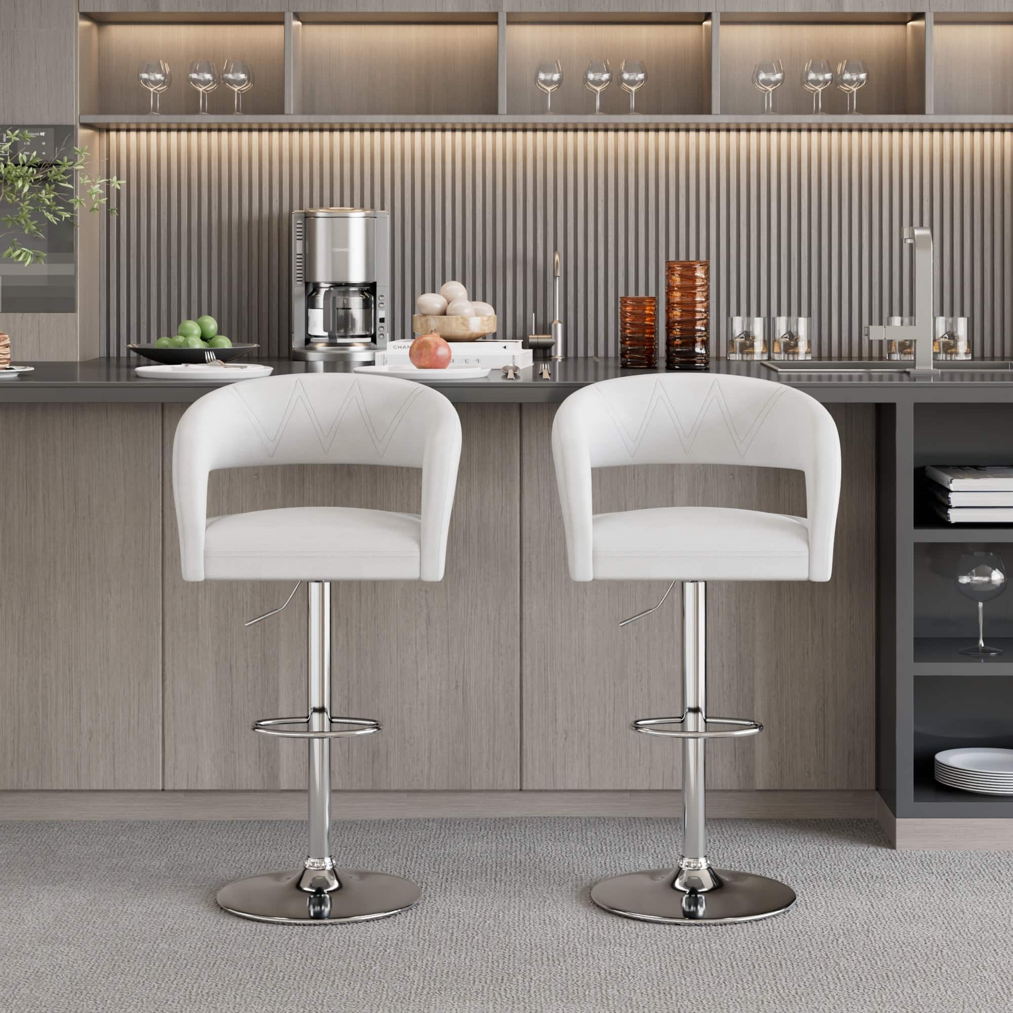 Vecelo - Set of 2 PU Leather Bar Stools with Adjustable Height ,360° Rotation, 330lb Capacity for Kitchen Island & Cafe - White